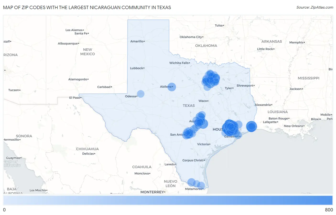 Zip Codes with the Largest Nicaraguan Community in Texas Map