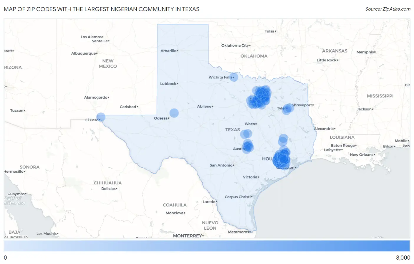 Zip Codes with the Largest Nigerian Community in Texas Map