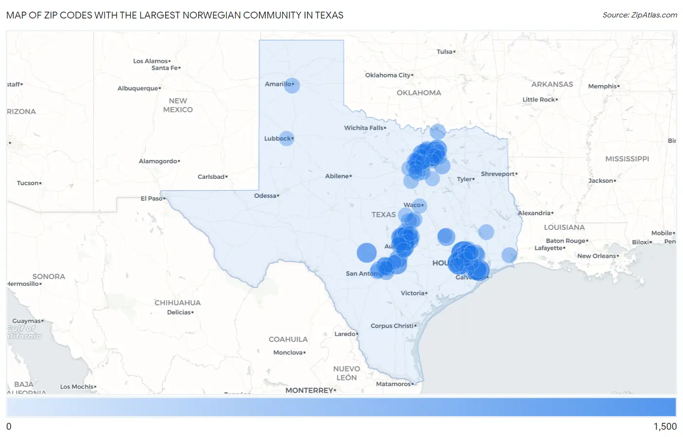Zip Codes with the Largest Norwegian Community in Texas Map