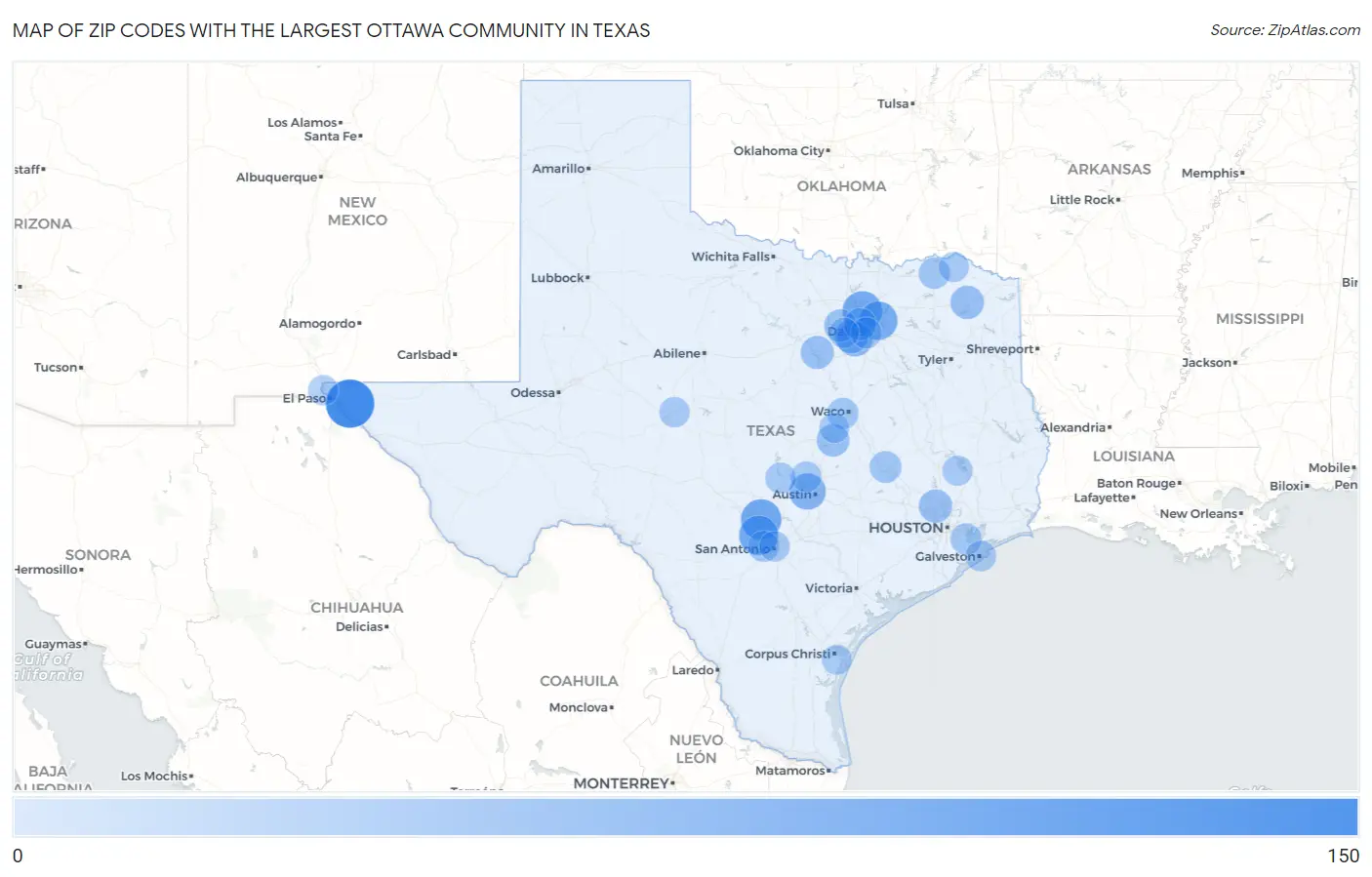 Zip Codes with the Largest Ottawa Community in Texas Map