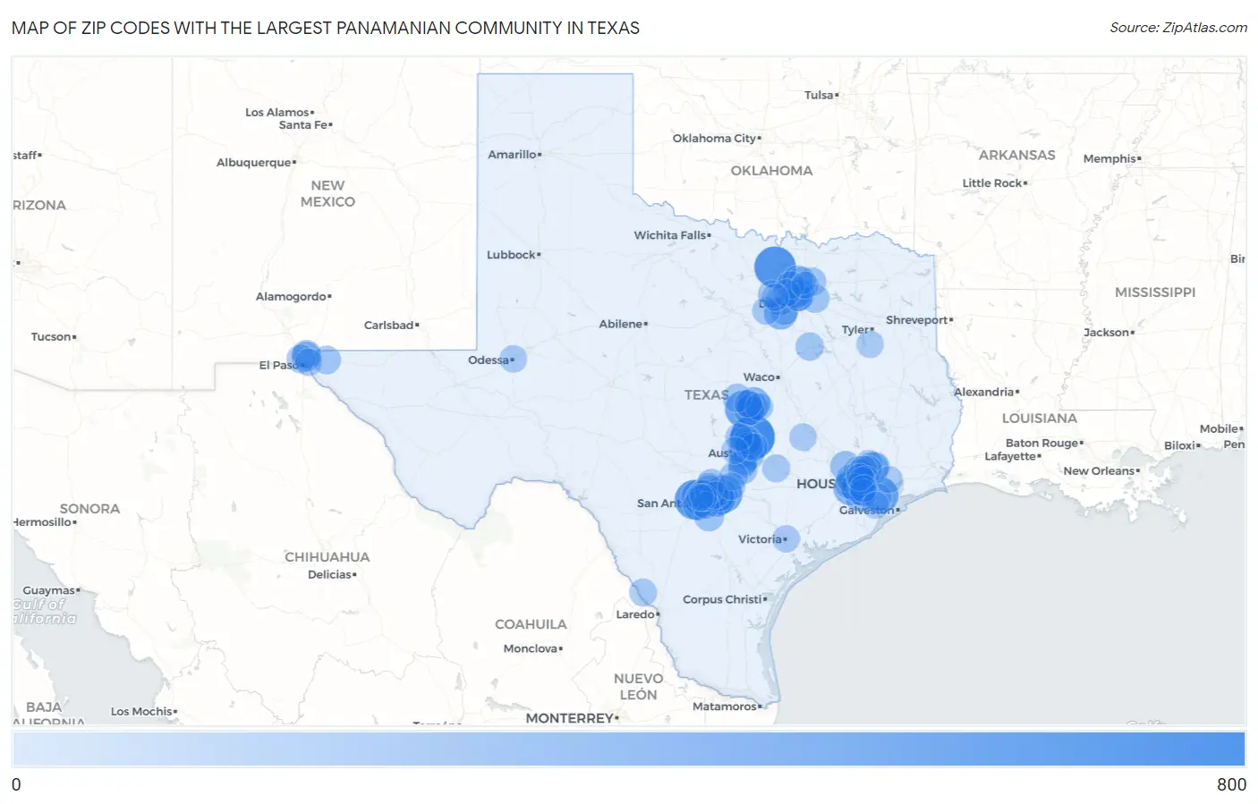 Zip Codes with the Largest Panamanian Community in Texas Map