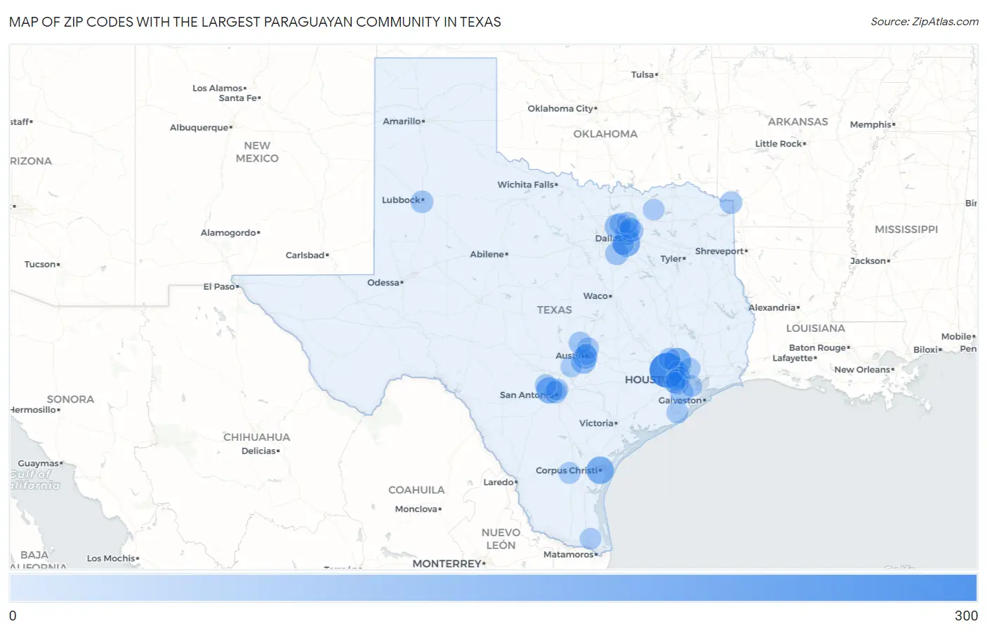 Zip Codes with the Largest Paraguayan Community in Texas Map