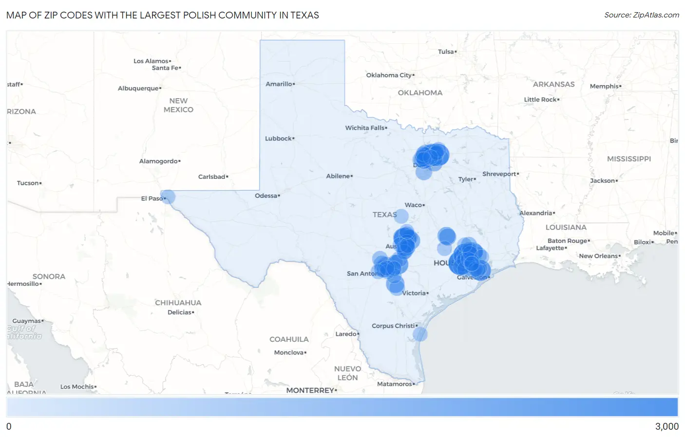 Zip Codes with the Largest Polish Community in Texas Map