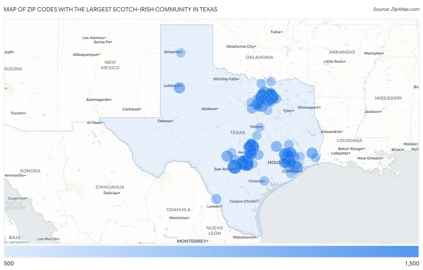 Zip Codes with the Largest Scotch-Irish Community in Texas Map