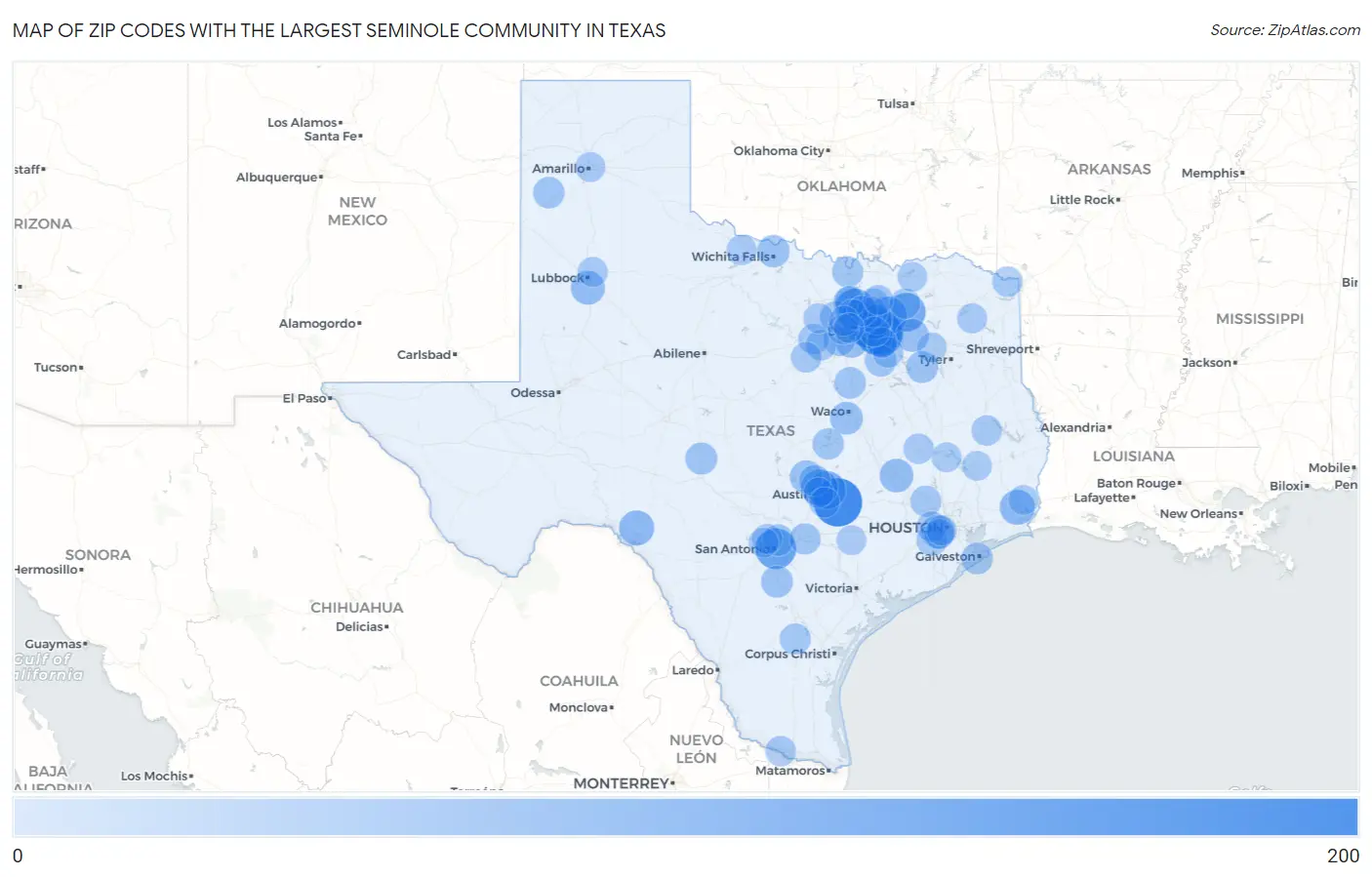 Zip Codes with the Largest Seminole Community in Texas Map