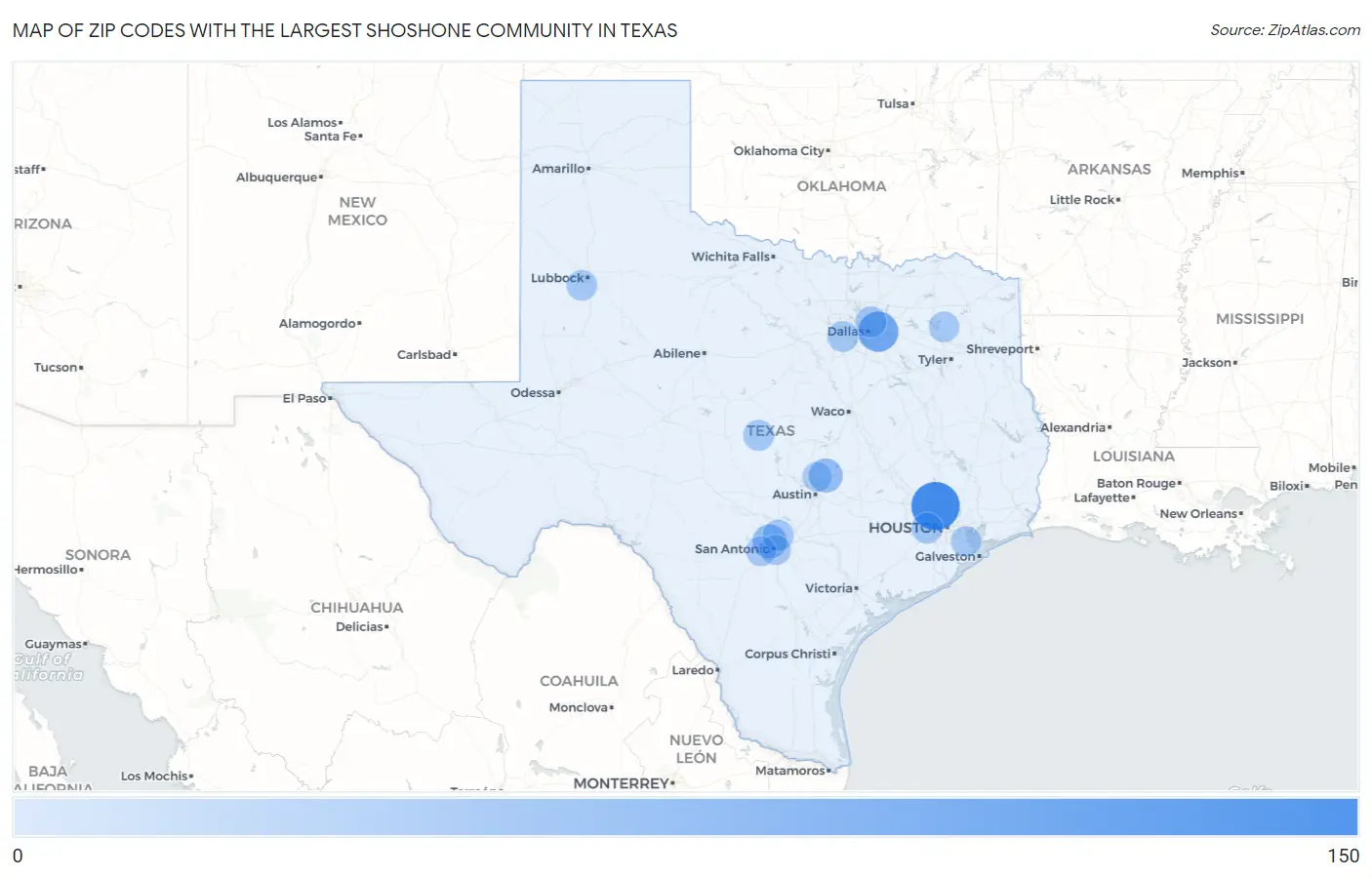 Zip Codes with the Largest Shoshone Community in Texas Map