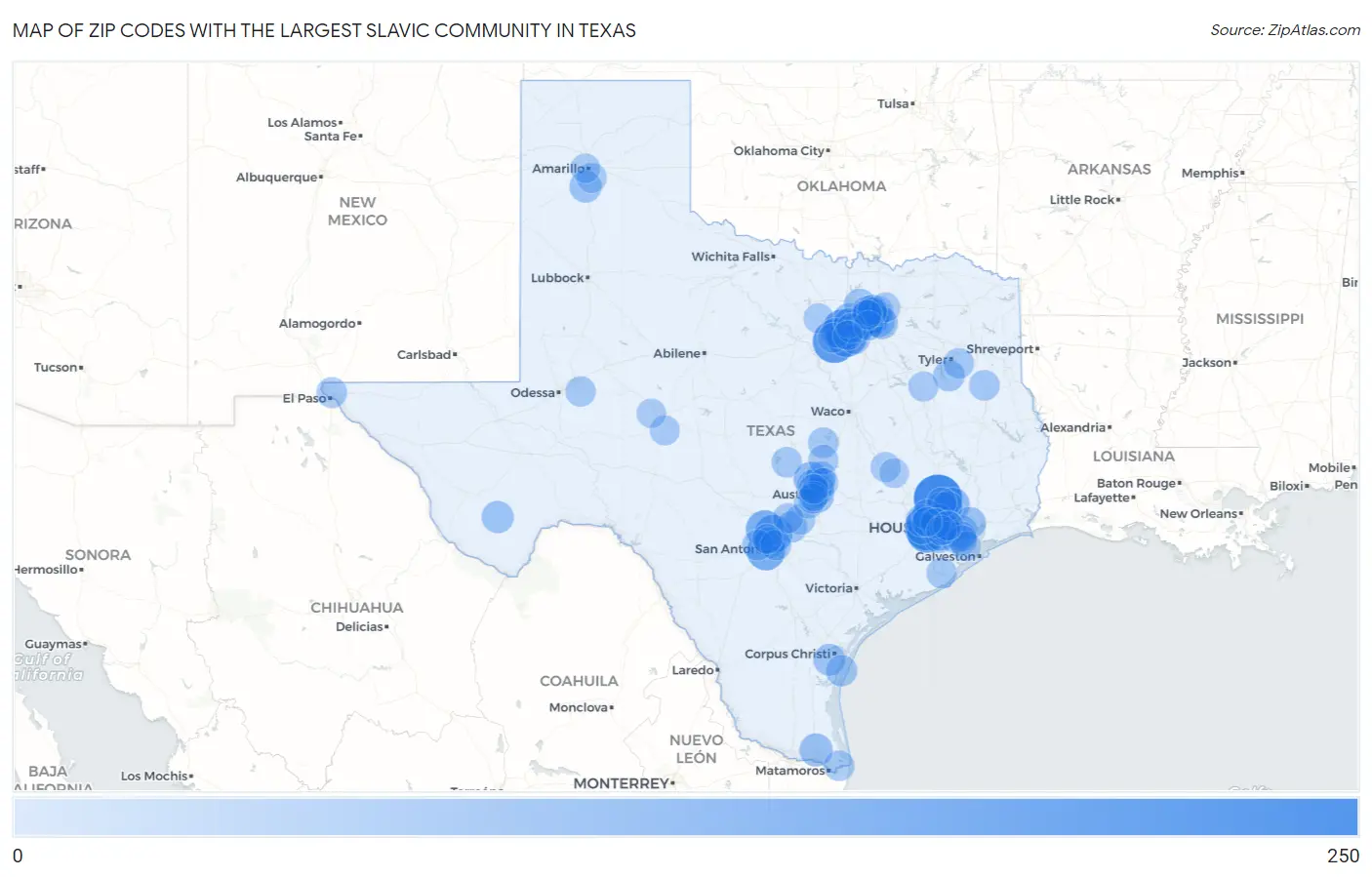 Zip Codes with the Largest Slavic Community in Texas Map