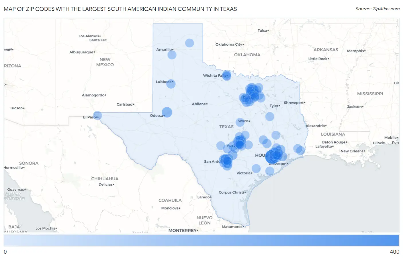 Zip Codes with the Largest South American Indian Community in Texas Map