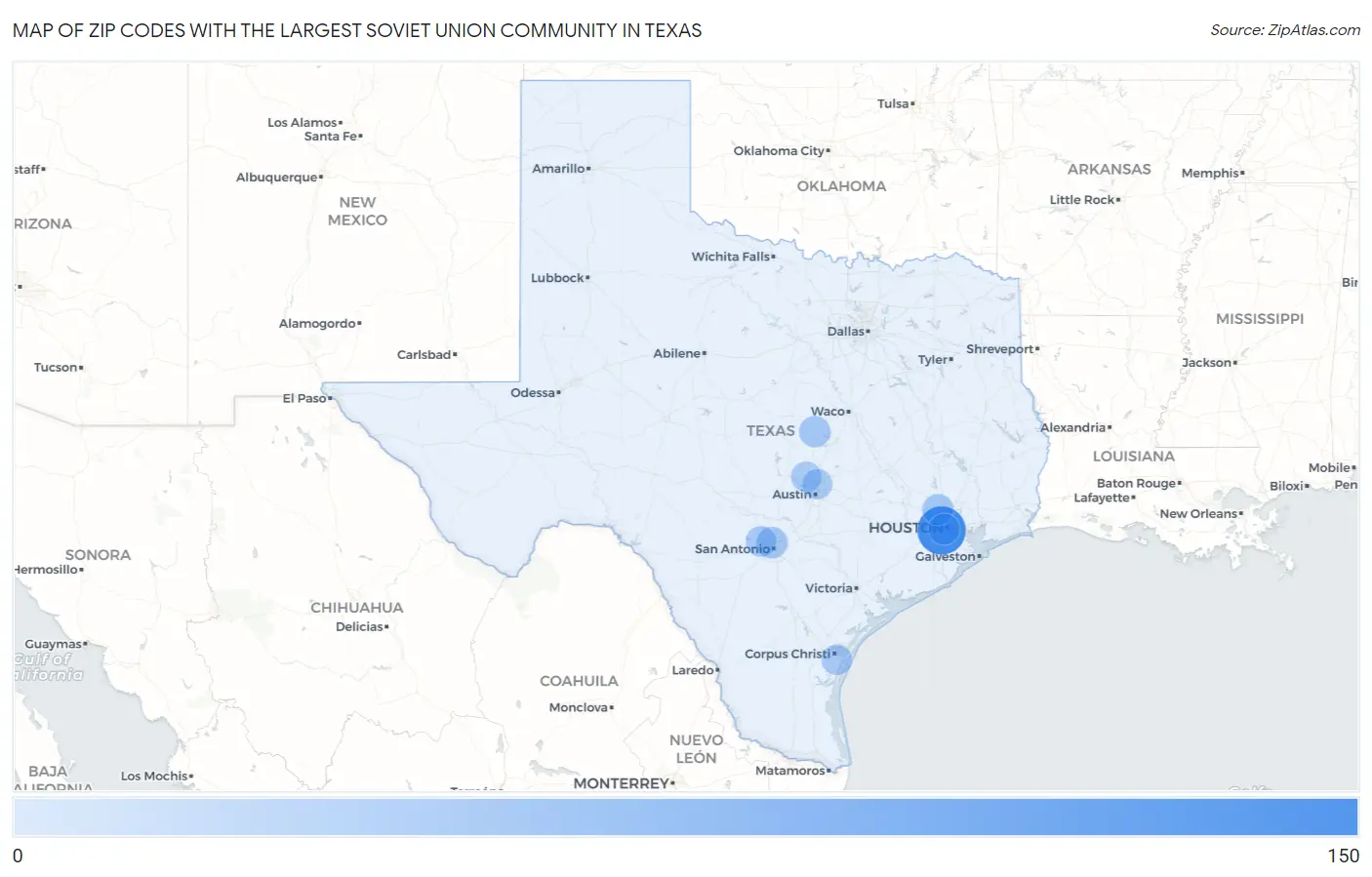 Zip Codes with the Largest Soviet Union Community in Texas Map
