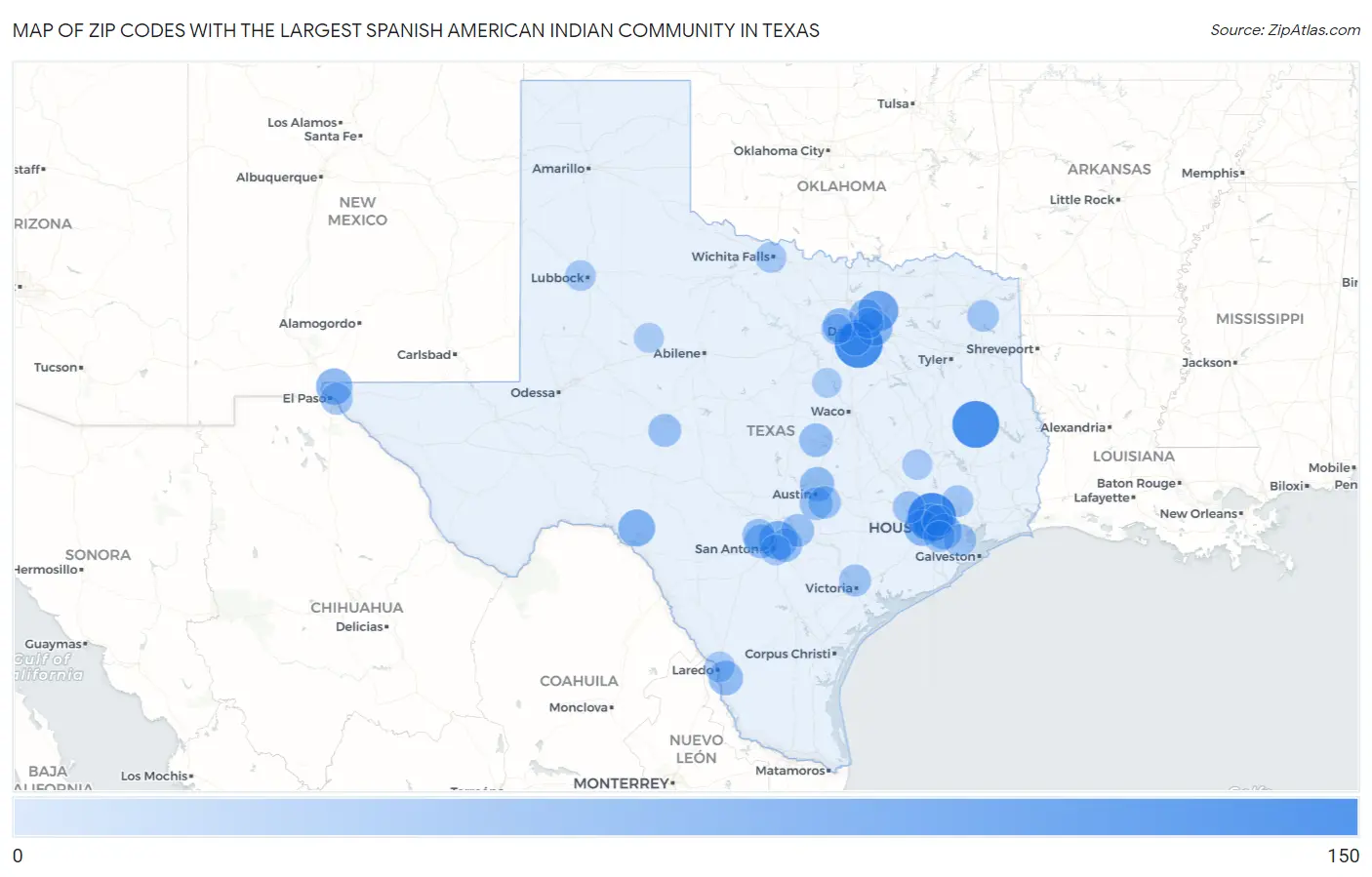 Zip Codes with the Largest Spanish American Indian Community in Texas Map