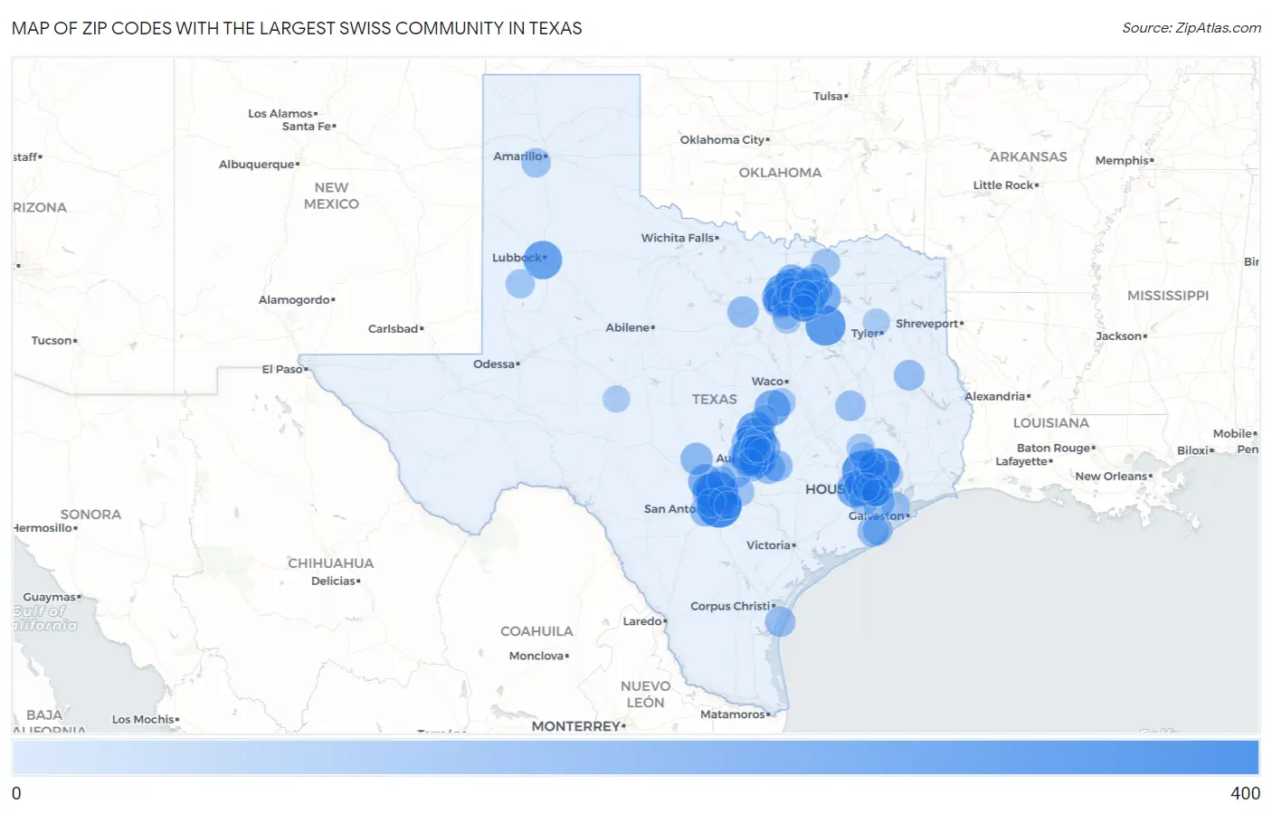 Zip Codes with the Largest Swiss Community in Texas Map