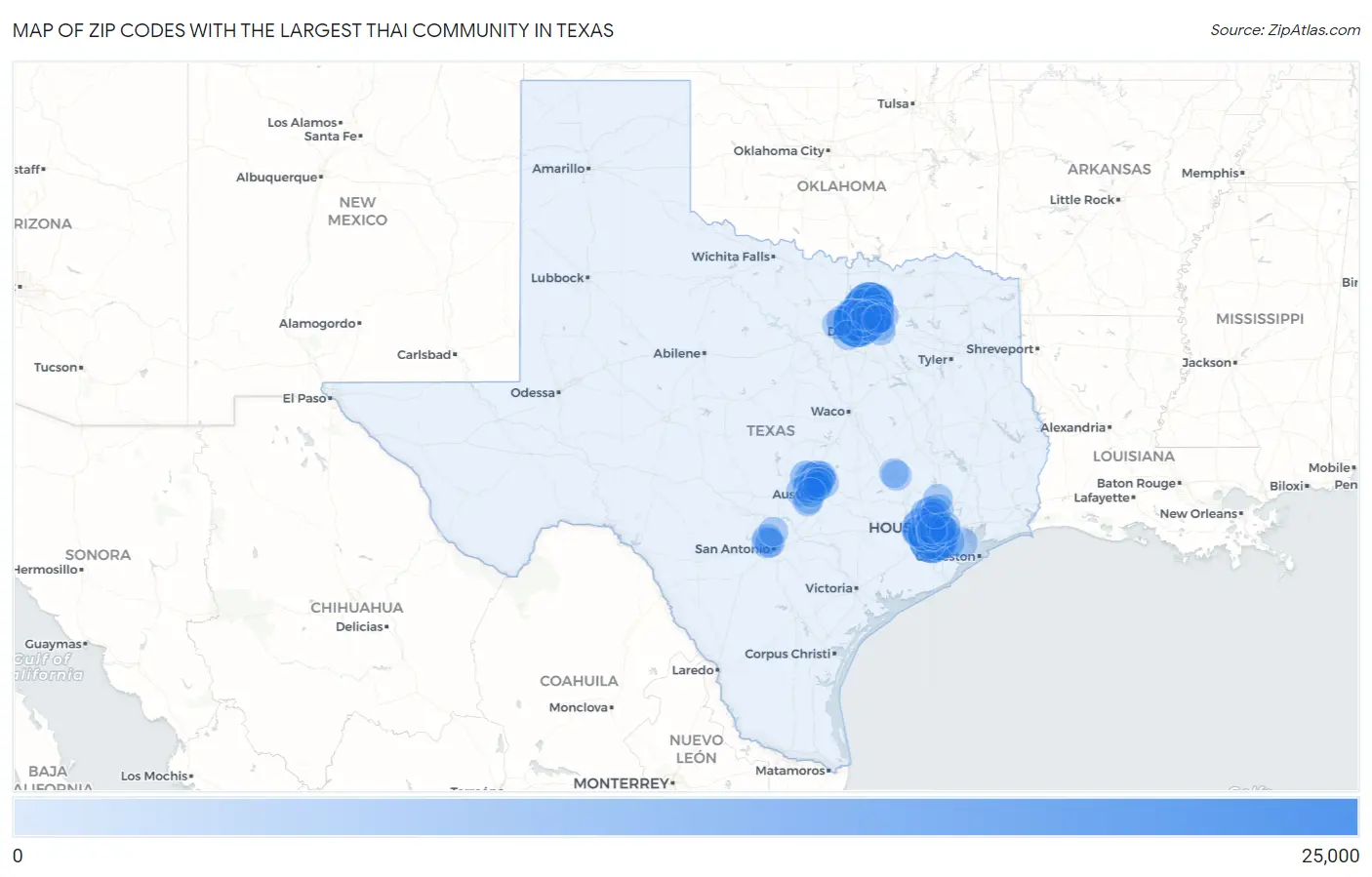 Zip Codes with the Largest Thai Community in Texas Map