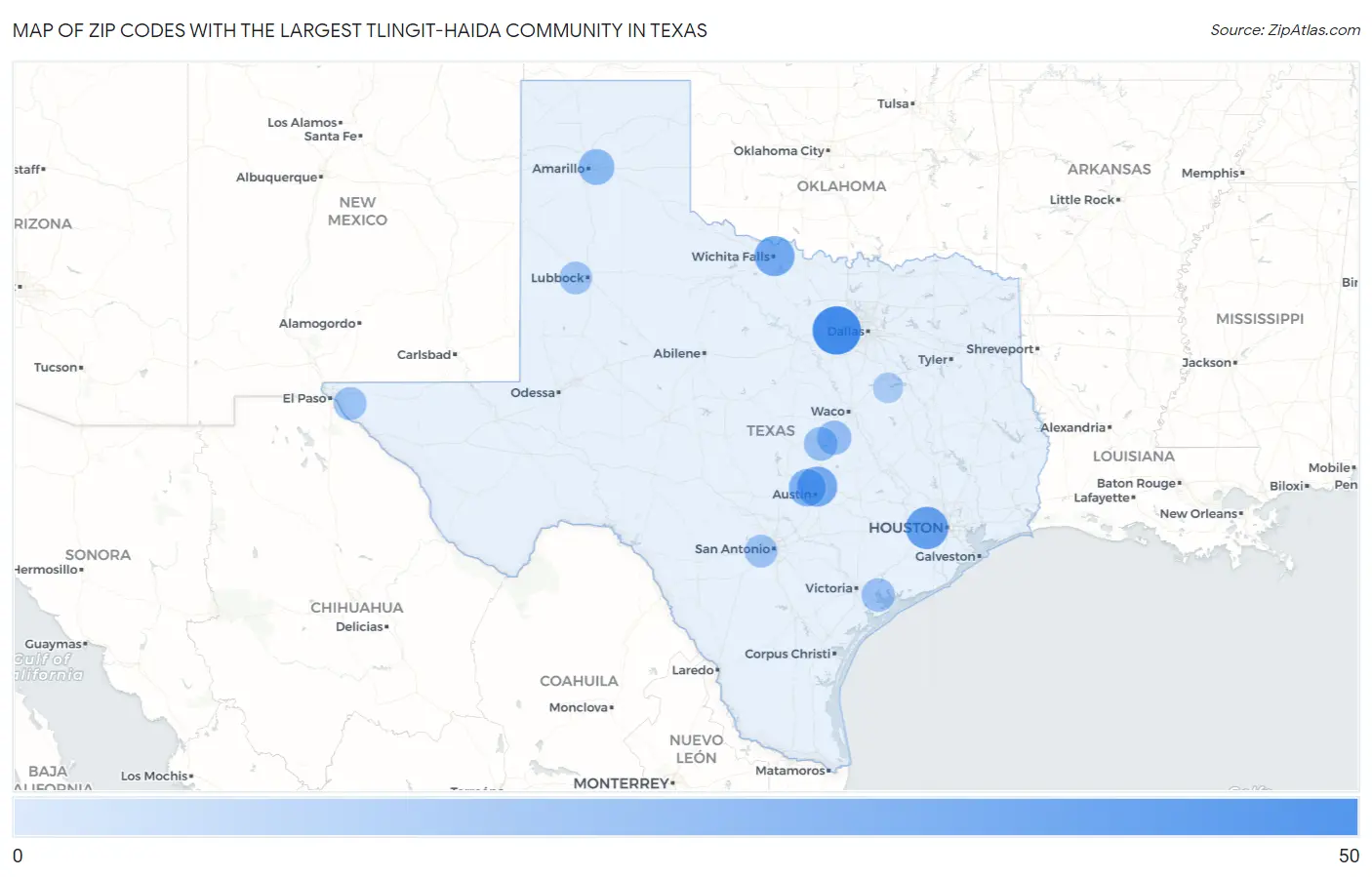 Zip Codes with the Largest Tlingit-Haida Community in Texas Map