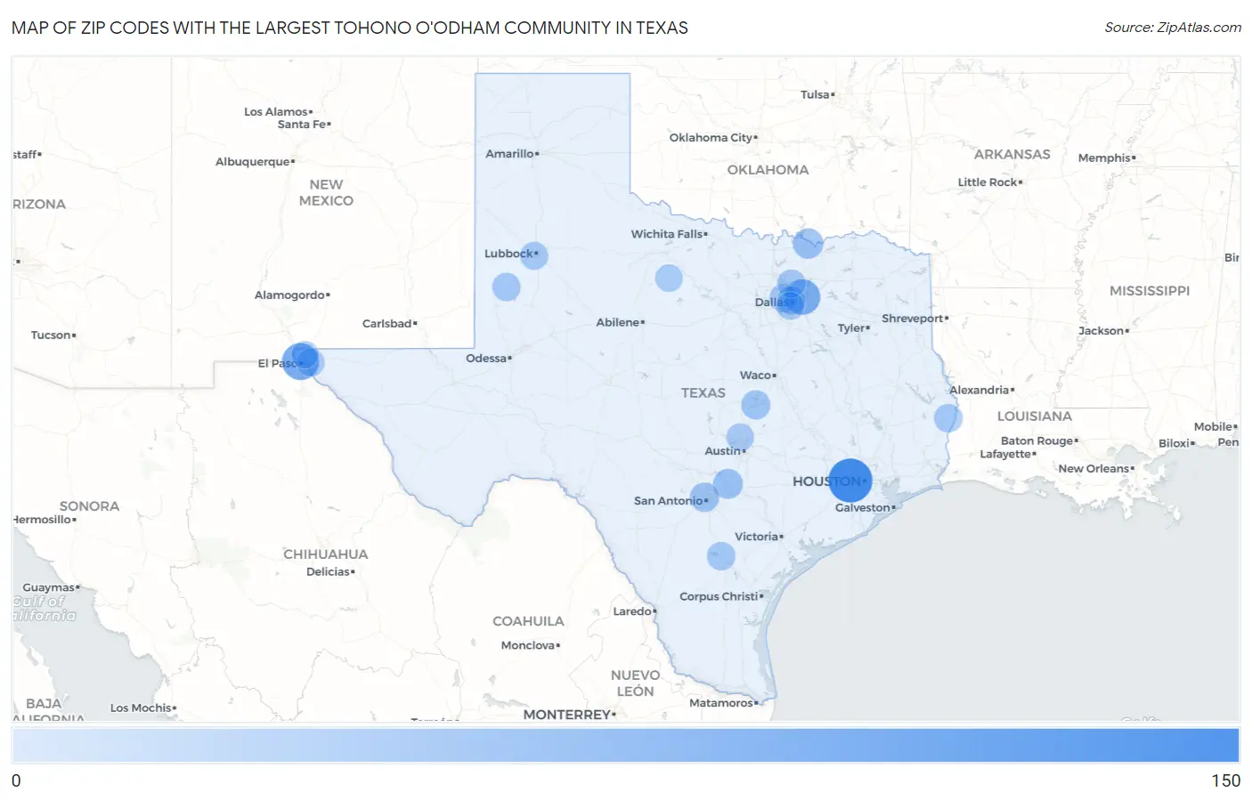 Zip Codes with the Largest Tohono O'Odham Community in Texas Map