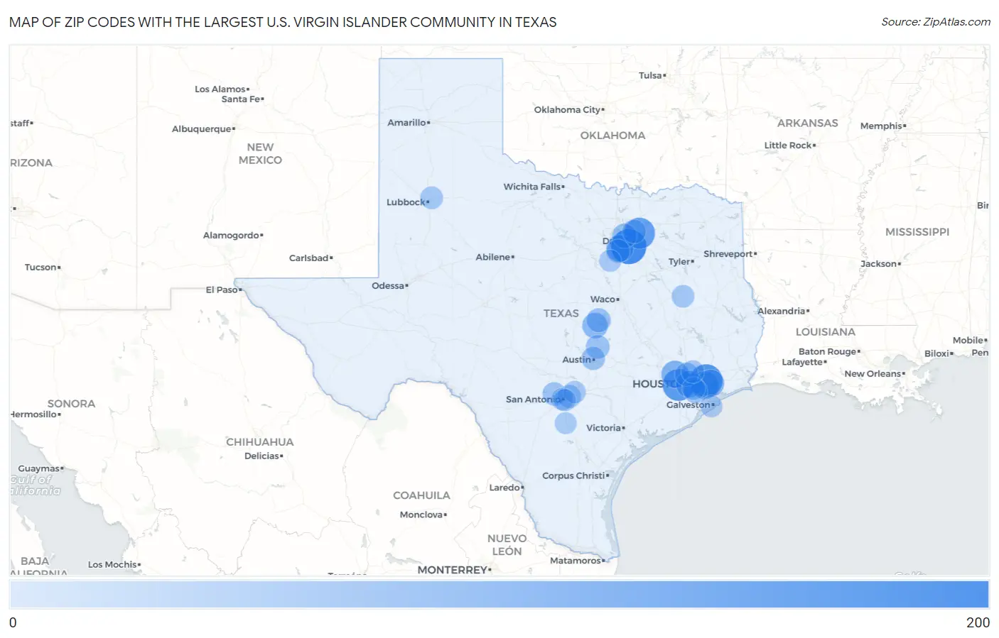 Zip Codes with the Largest U.S. Virgin Islander Community in Texas Map