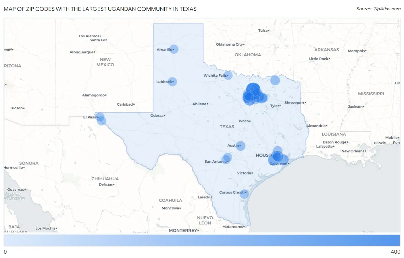 Zip Codes with the Largest Ugandan Community in Texas Map