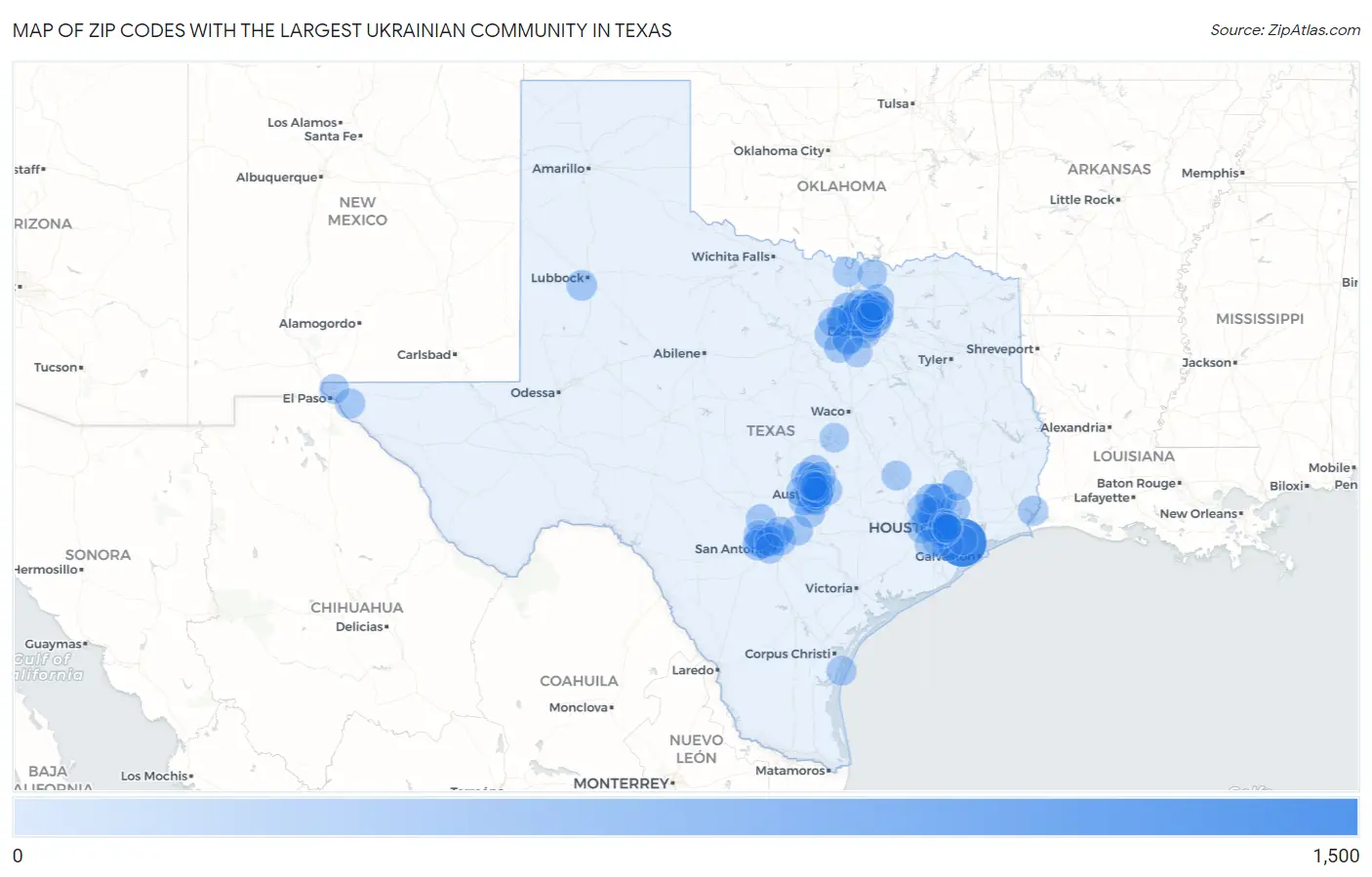Zip Codes with the Largest Ukrainian Community in Texas Map