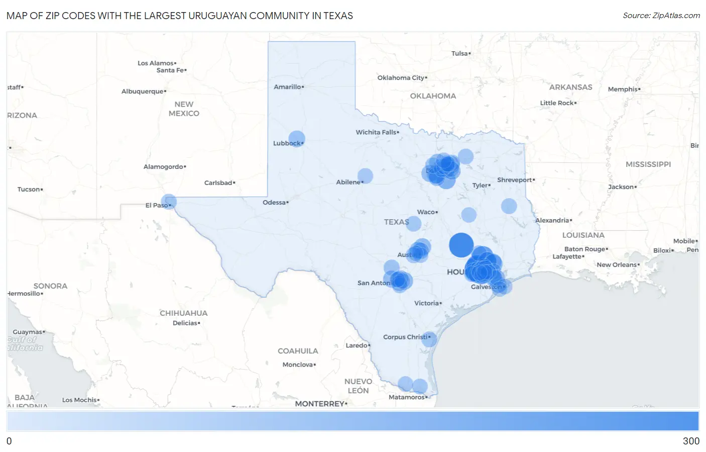Zip Codes with the Largest Uruguayan Community in Texas Map