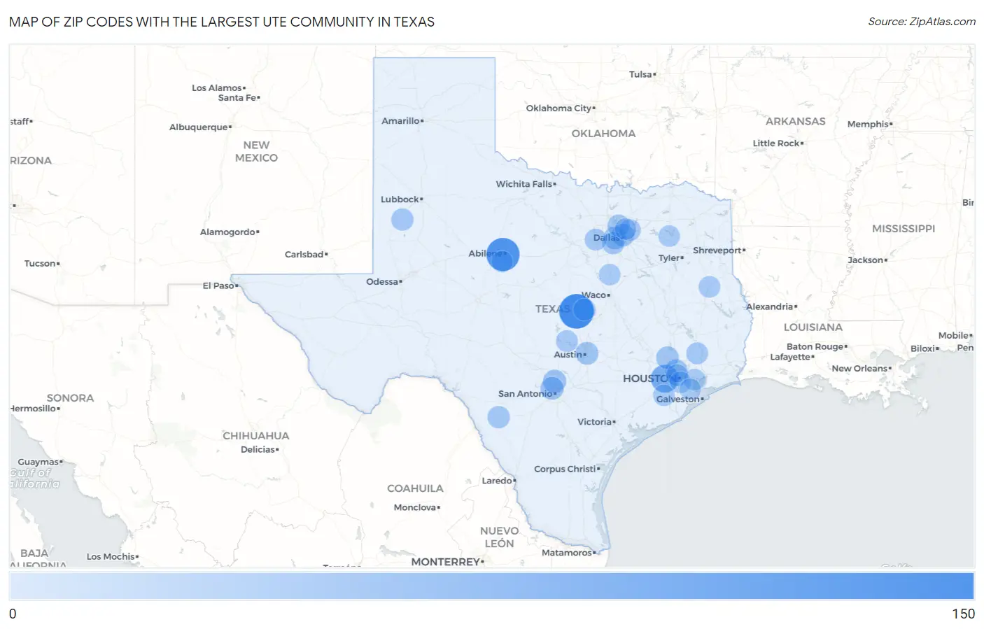 Zip Codes with the Largest Ute Community in Texas Map