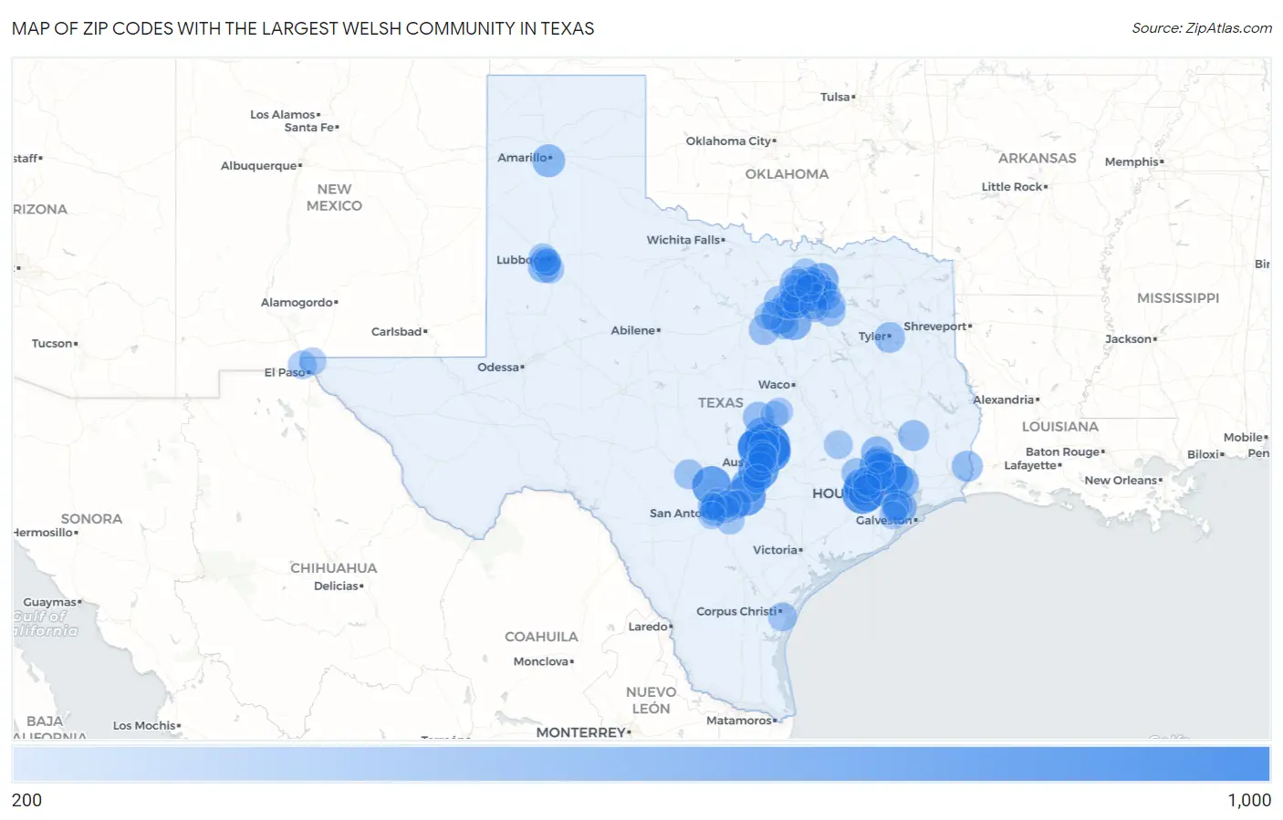 Zip Codes with the Largest Welsh Community in Texas Map