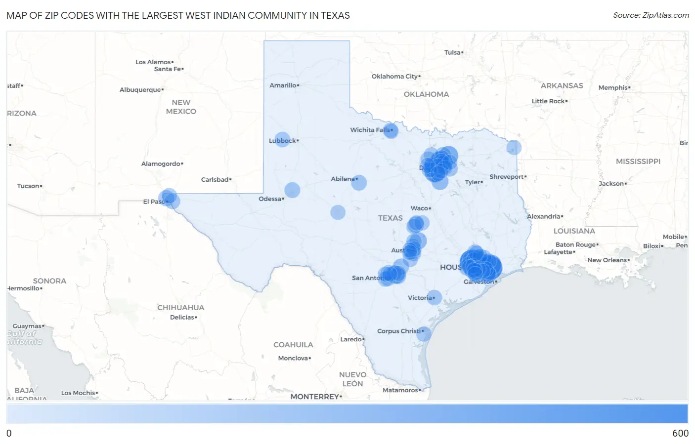 Zip Codes with the Largest West Indian Community in Texas Map