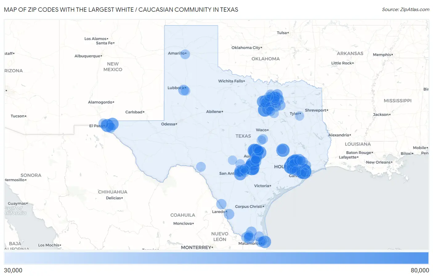 Zip Codes with the Largest White / Caucasian Community in Texas Map