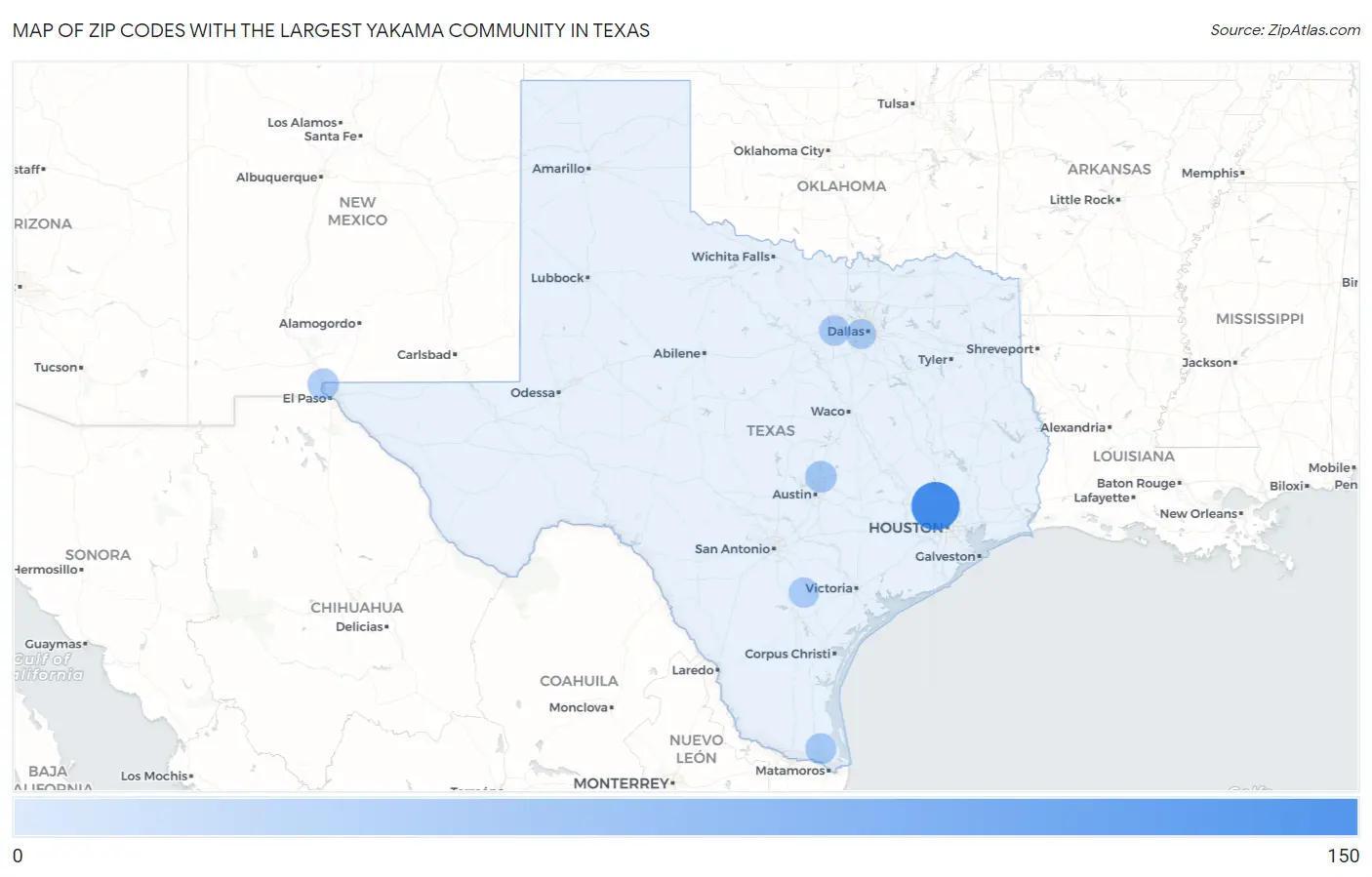 Zip Codes with the Largest Yakama Community in Texas Map