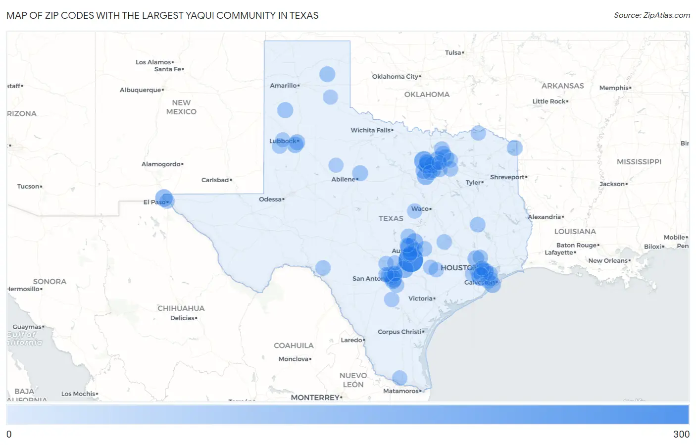 Zip Codes with the Largest Yaqui Community in Texas Map