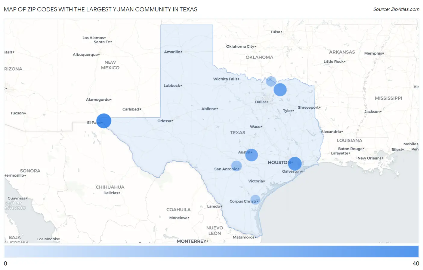 Zip Codes with the Largest Yuman Community in Texas Map