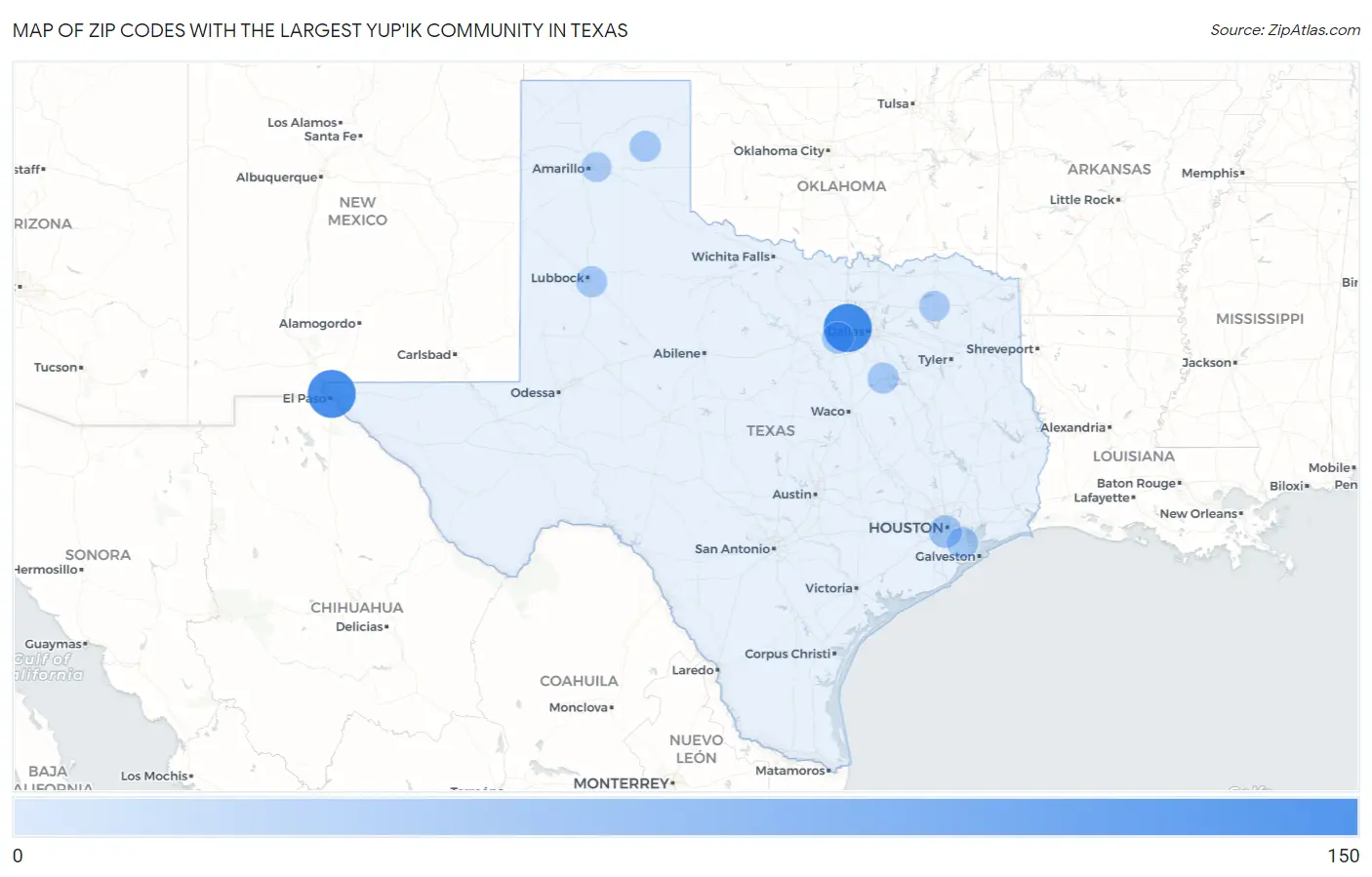 Zip Codes with the Largest Yup'ik Community in Texas Map