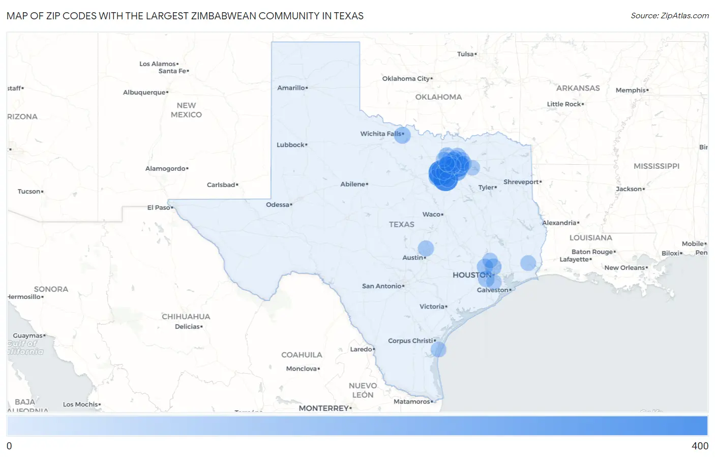 Zip Codes with the Largest Zimbabwean Community in Texas Map