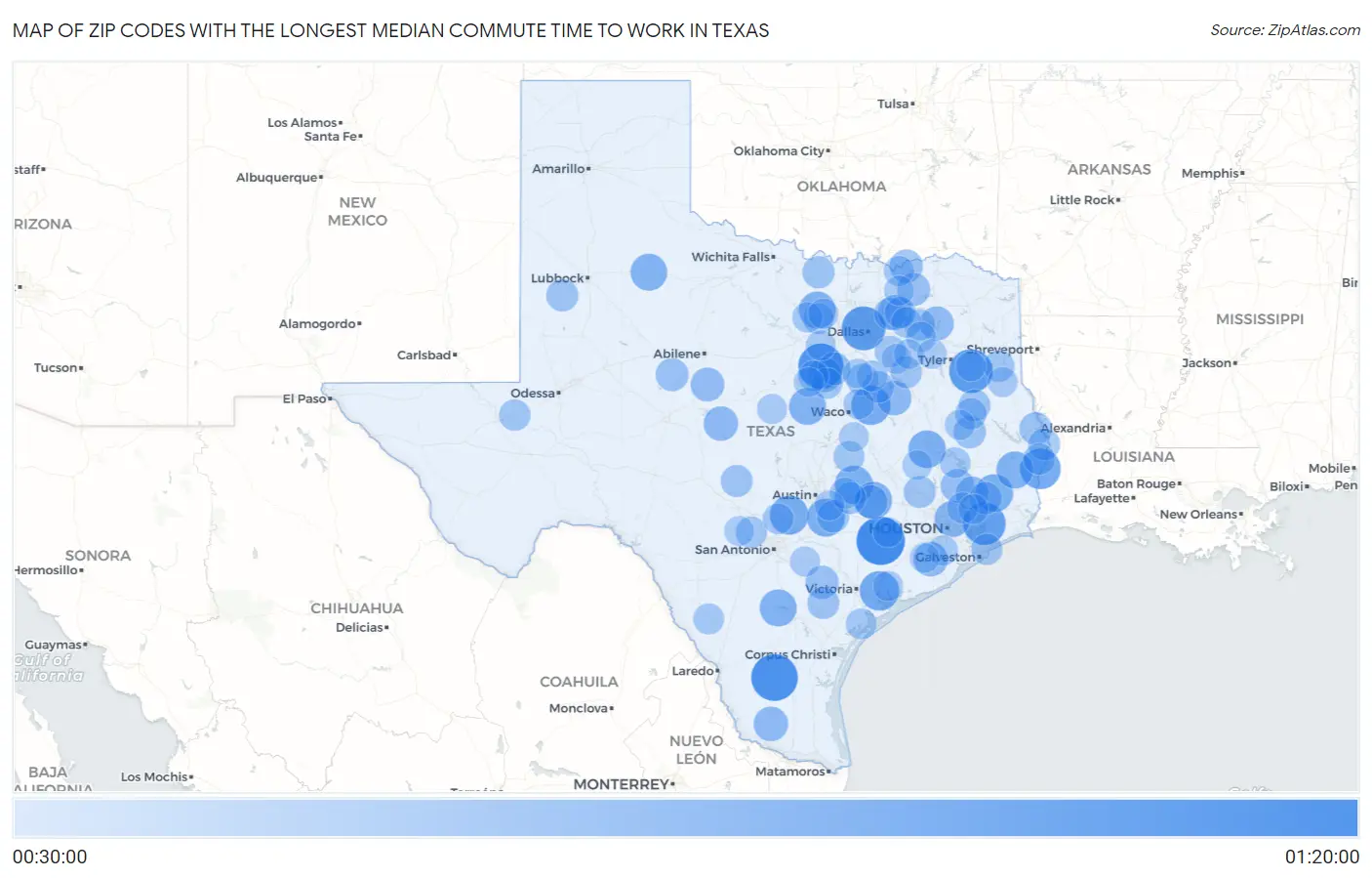 Zip Codes with the Longest Median Commute Time to Work in Texas Map