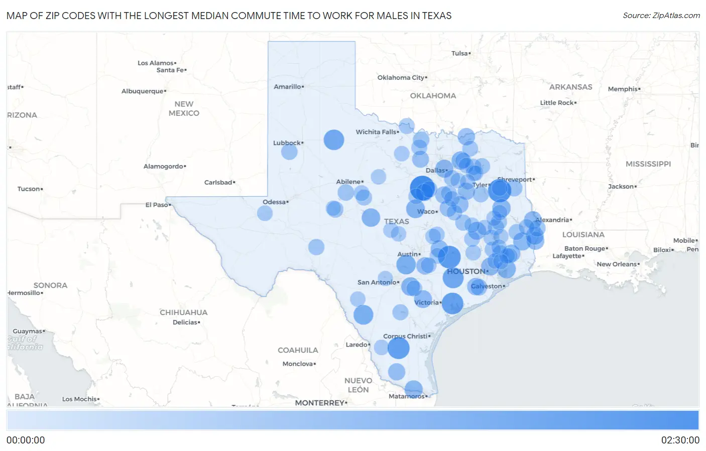 Zip Codes with the Longest Median Commute Time to Work for Males in Texas Map
