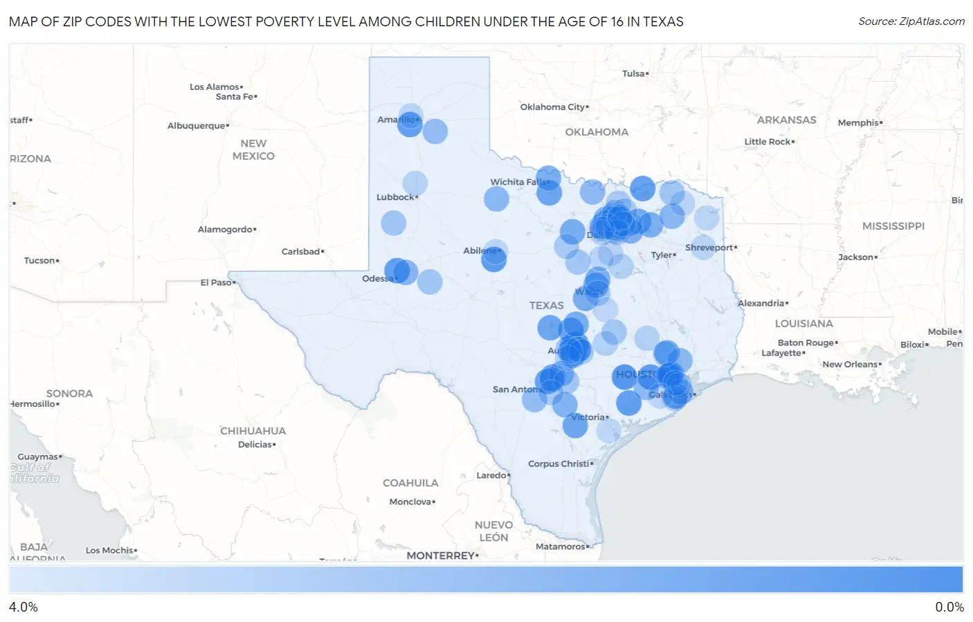 Zip Codes with the Lowest Poverty Level Among Children Under the Age of 16 in Texas Map