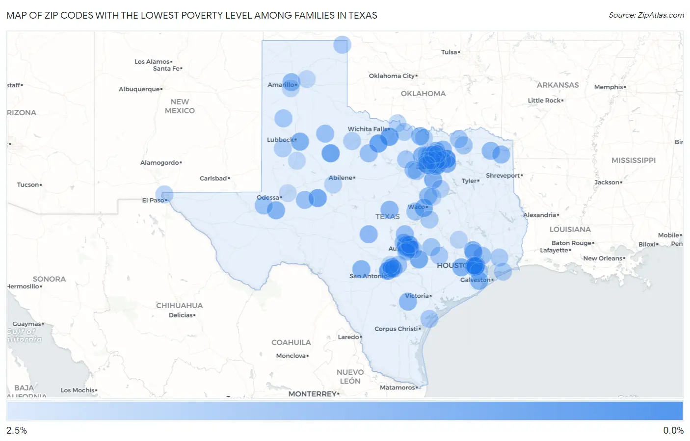 Zip Codes with the Lowest Poverty Level Among Families in Texas Map