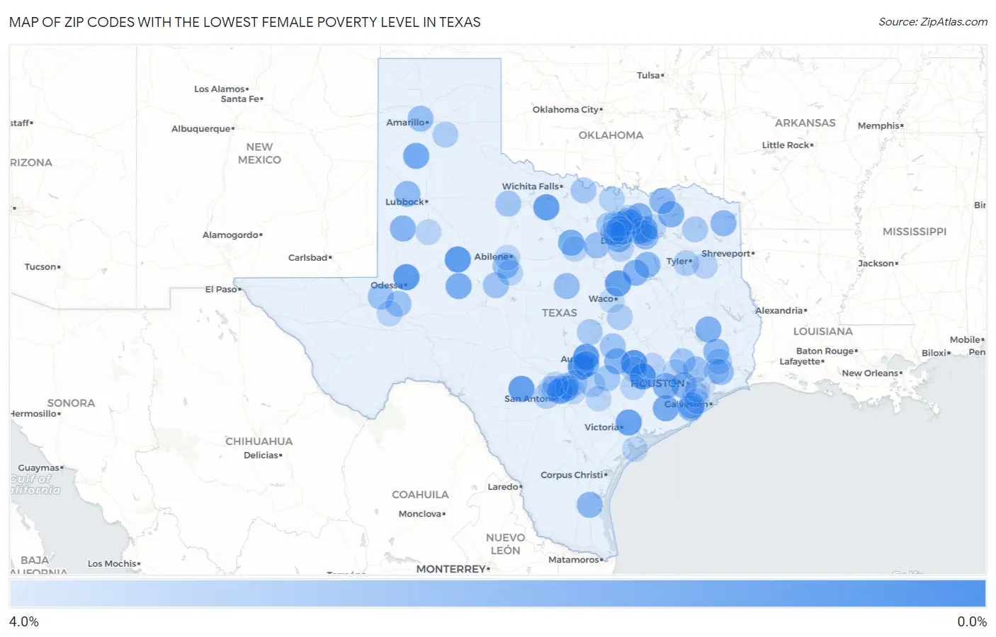 Zip Codes with the Lowest Female Poverty Level in Texas Map