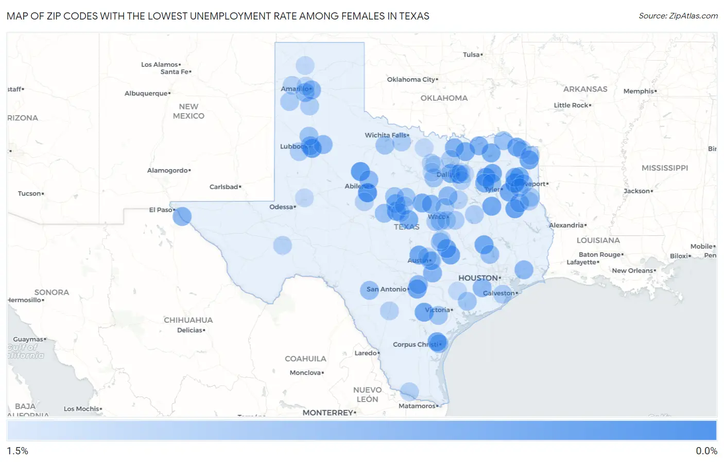 Zip Codes with the Lowest Unemployment Rate Among Females in Texas Map