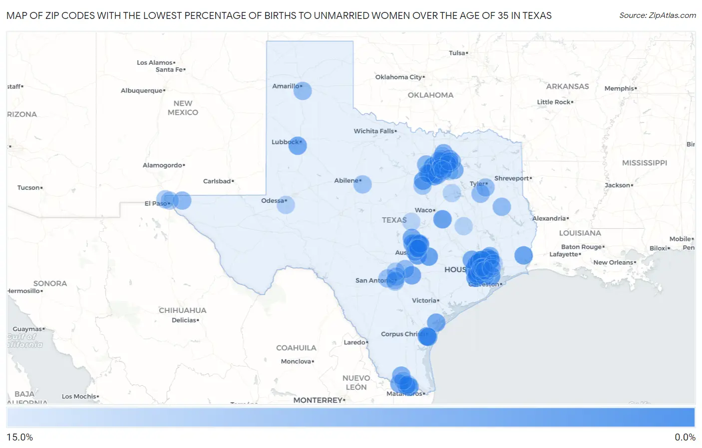 Zip Codes with the Lowest Percentage of Births to Unmarried Women over the Age of 35 in Texas Map