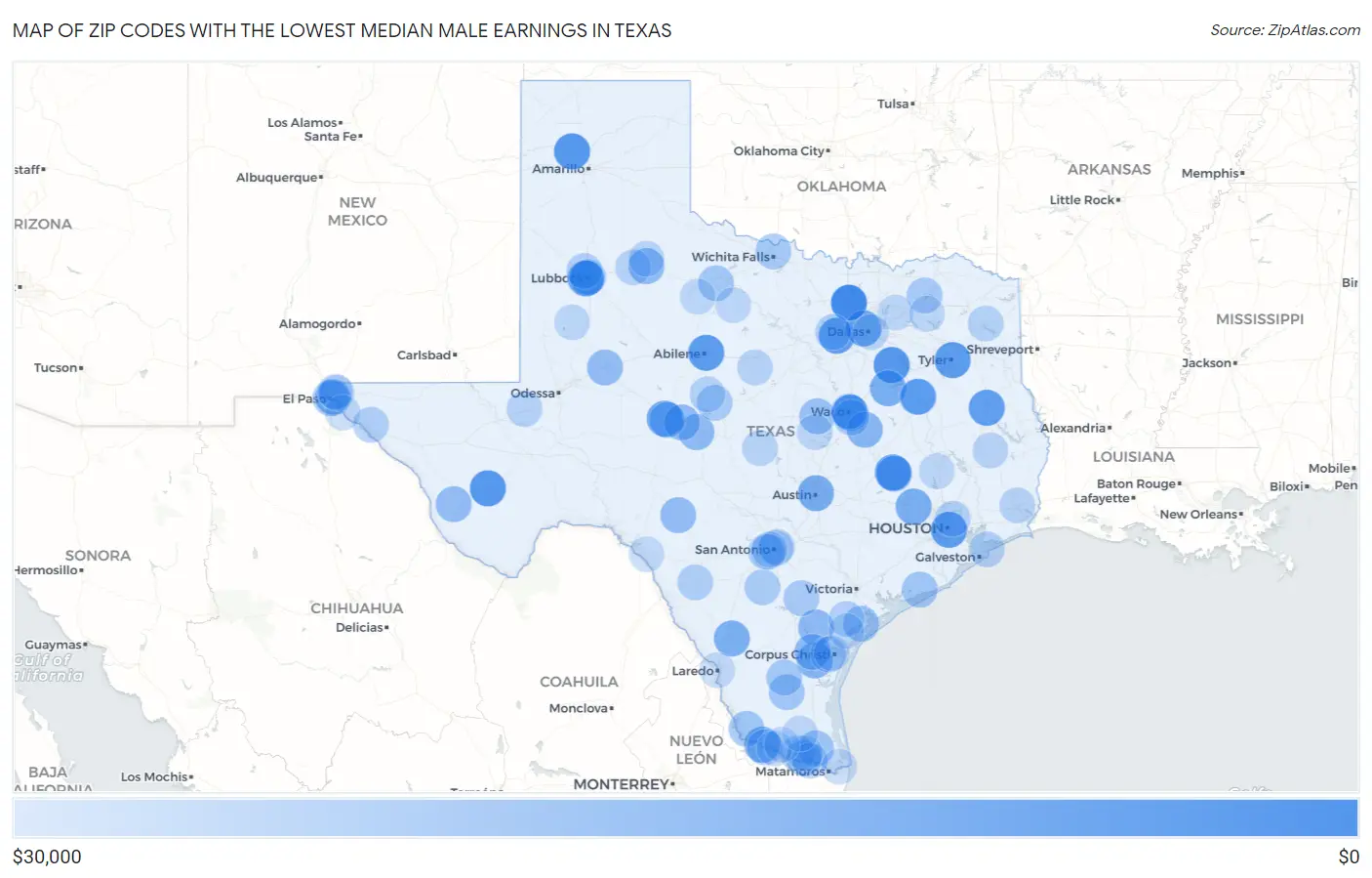 Zip Codes with the Lowest Median Male Earnings in Texas Map