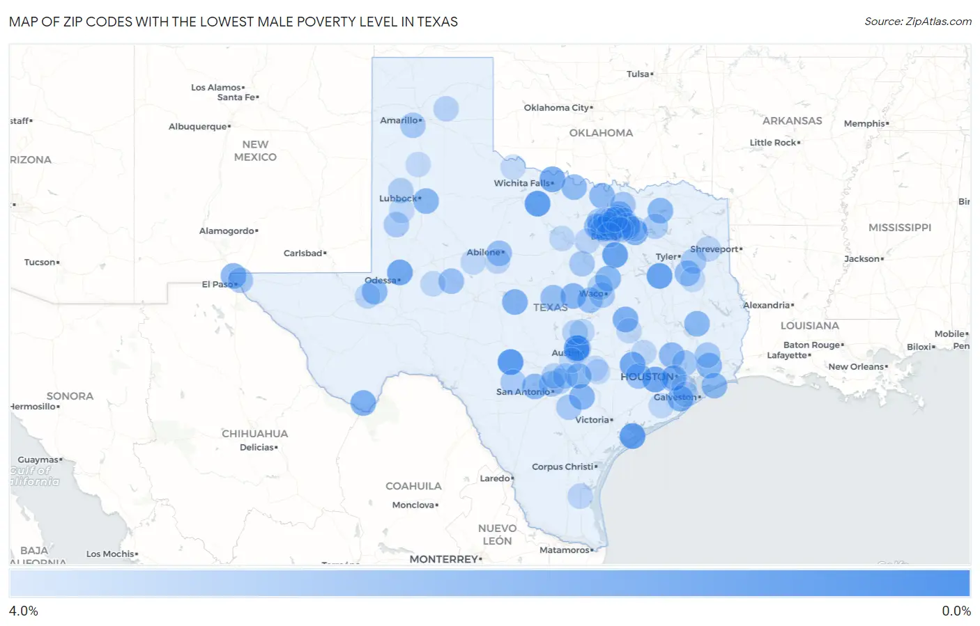 Zip Codes with the Lowest Male Poverty Level in Texas Map