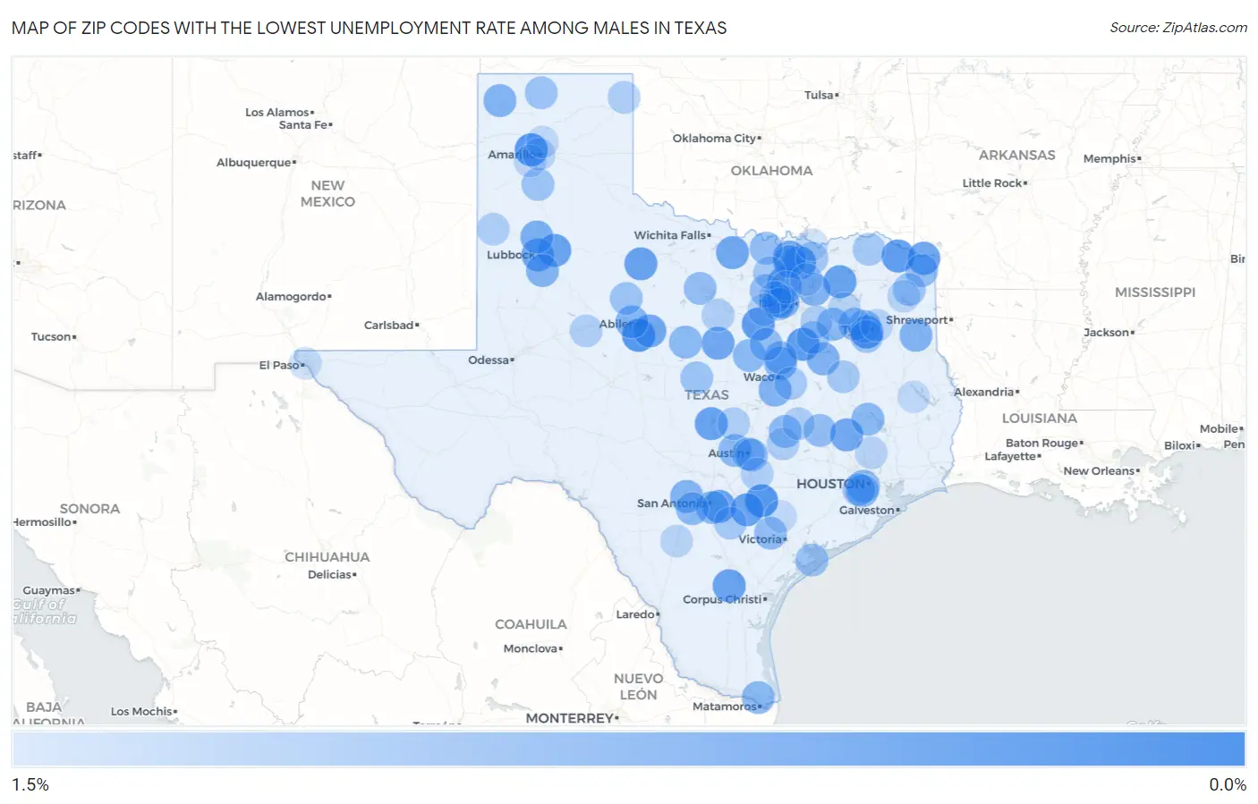 Zip Codes with the Lowest Unemployment Rate Among Males in Texas Map