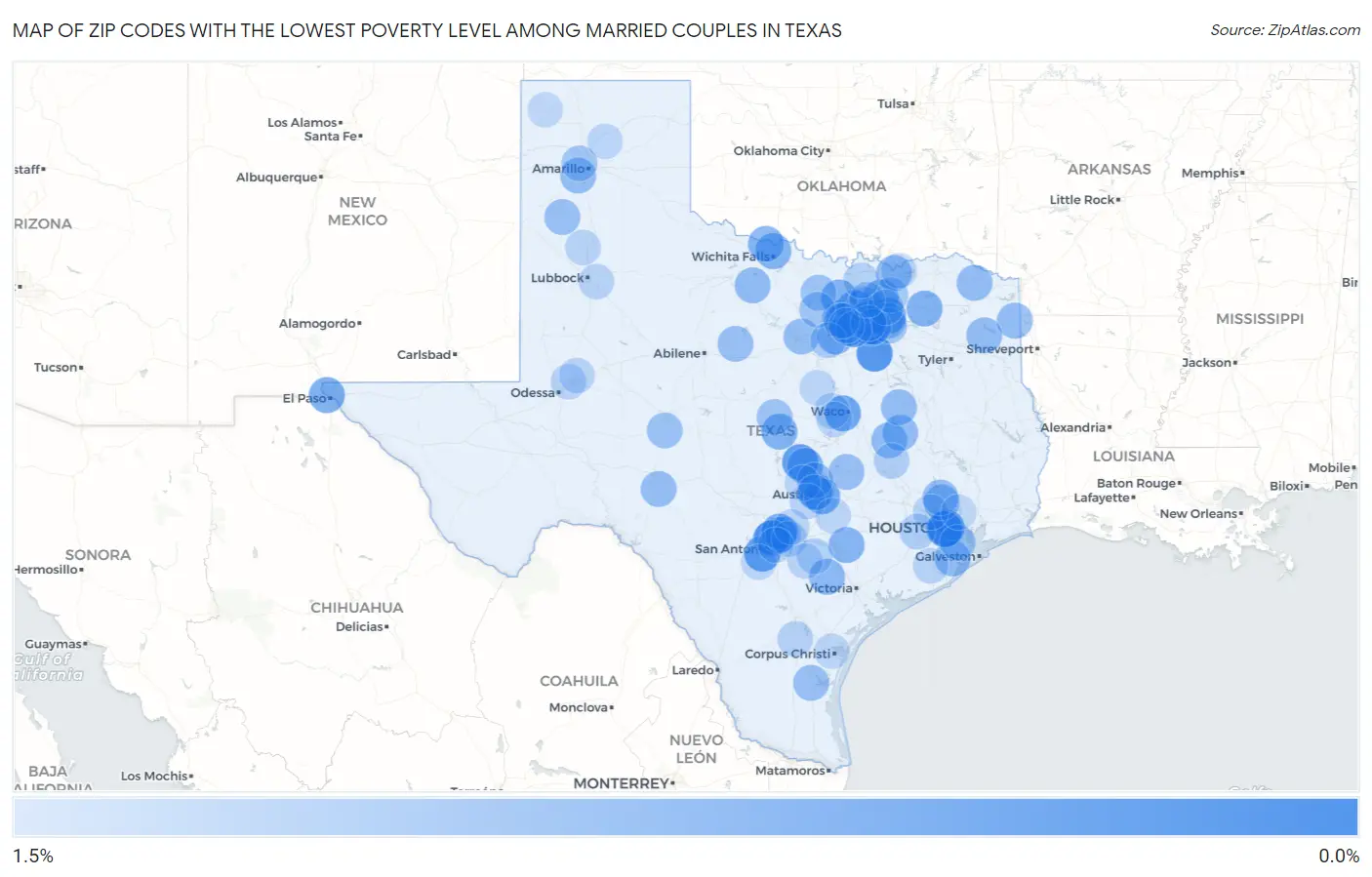 Zip Codes with the Lowest Poverty Level Among Married Couples in Texas Map