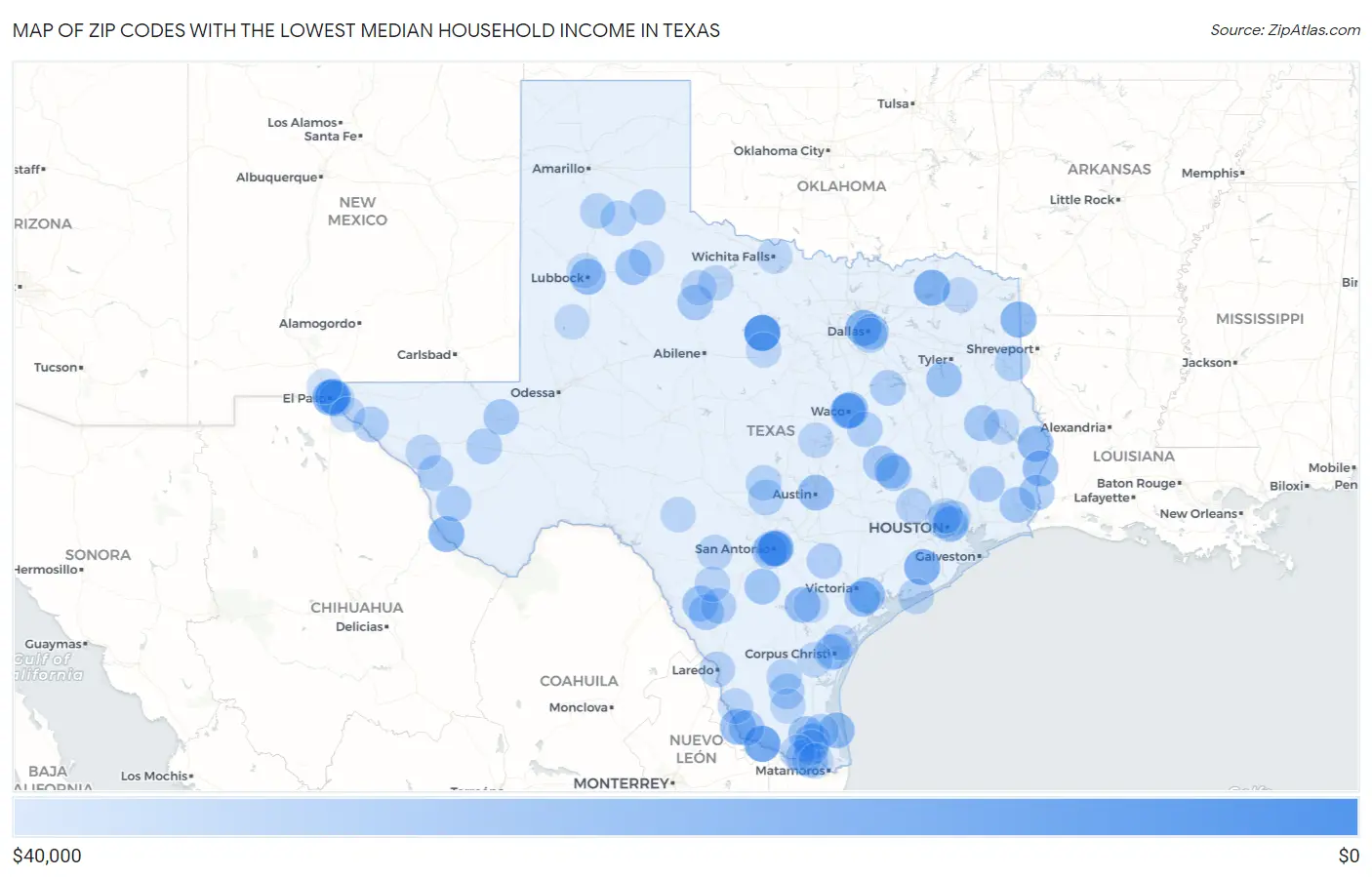 Zip Codes with the Lowest Median Household Income in Texas Map