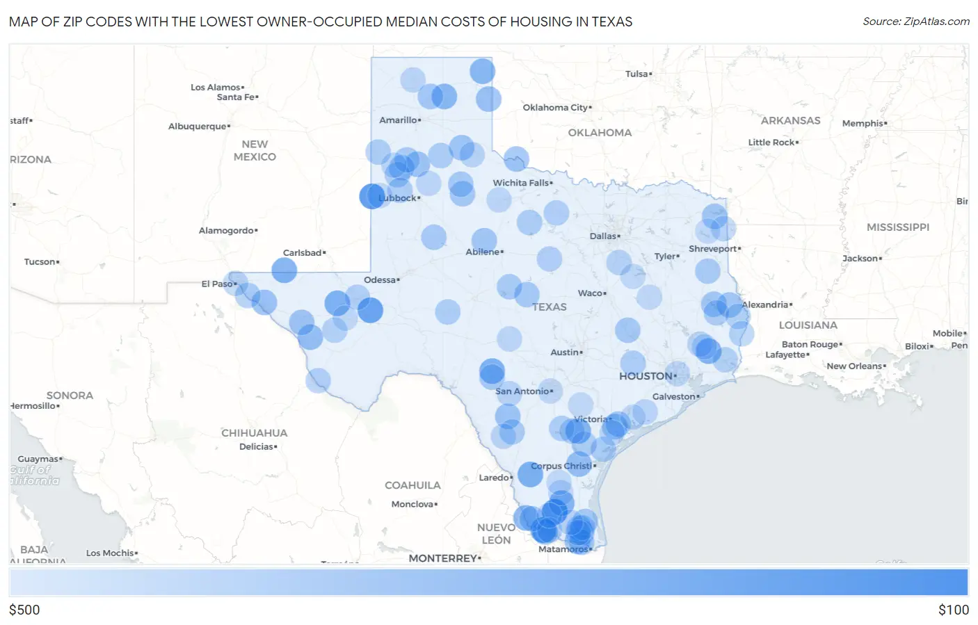 Zip Codes with the Lowest Owner-Occupied Median Costs of Housing in Texas Map