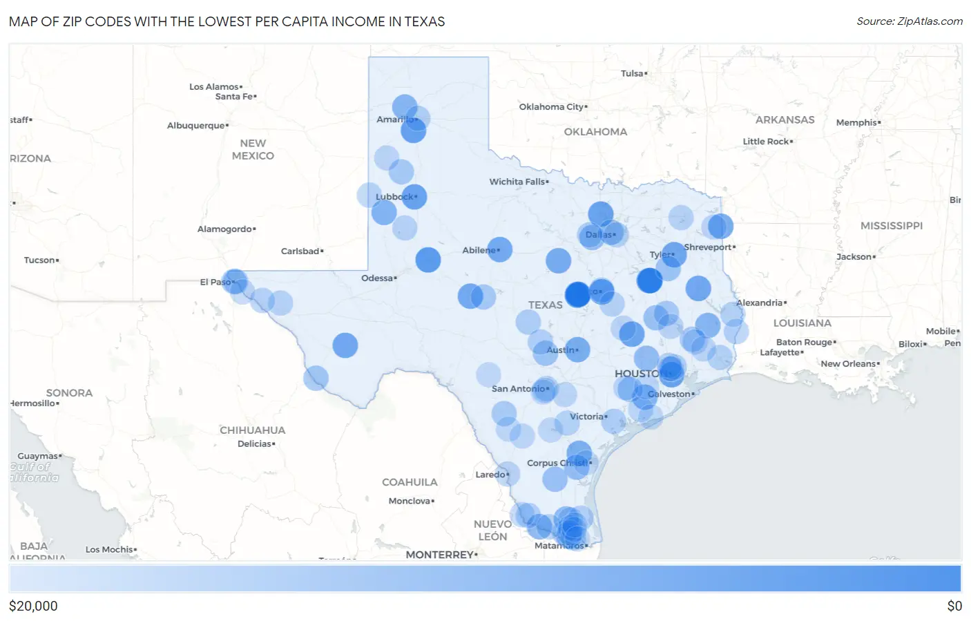 Zip Codes with the Lowest Per Capita Income in Texas Map