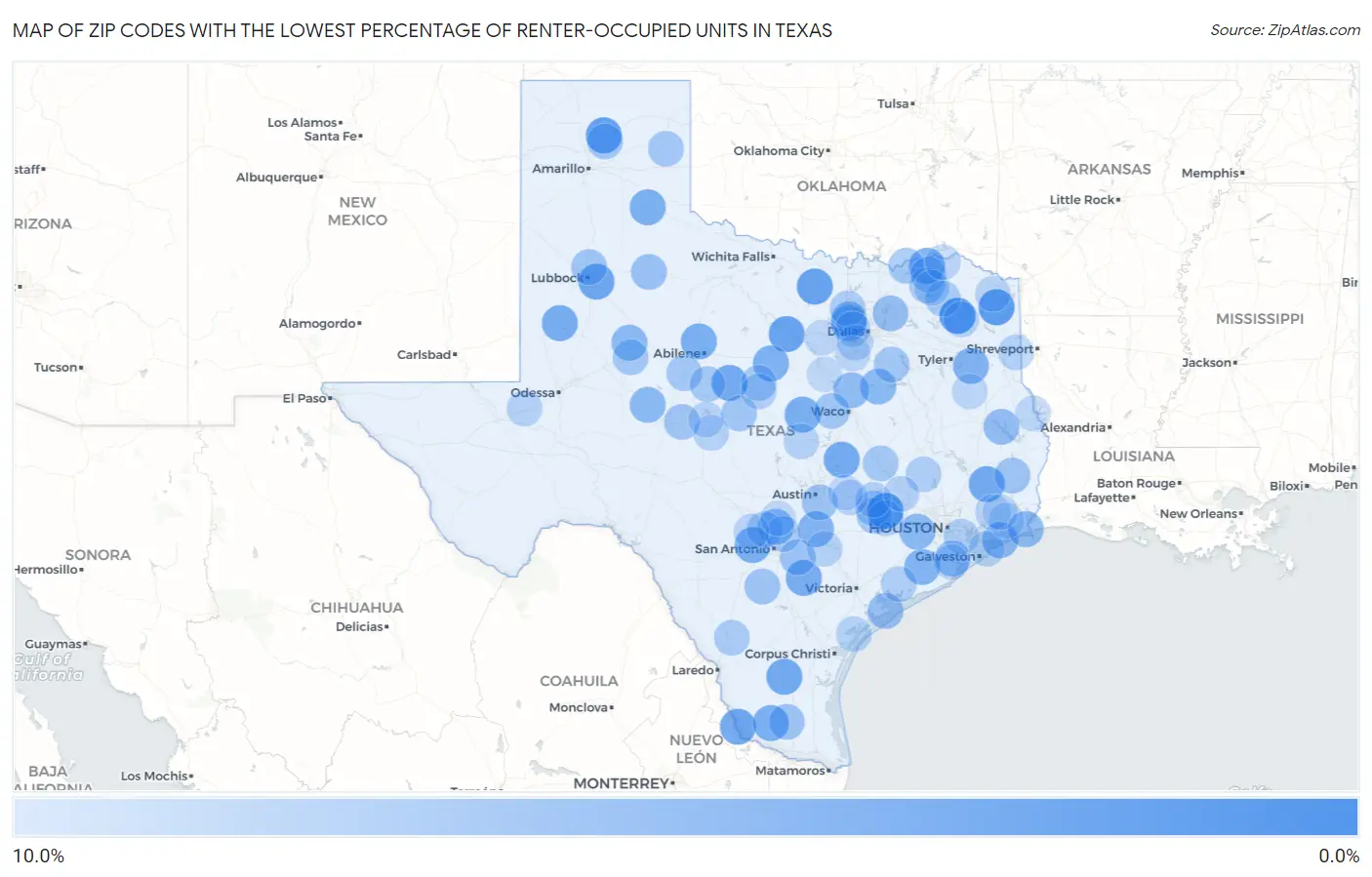 Zip Codes with the Lowest Percentage of Renter-Occupied Units in Texas Map