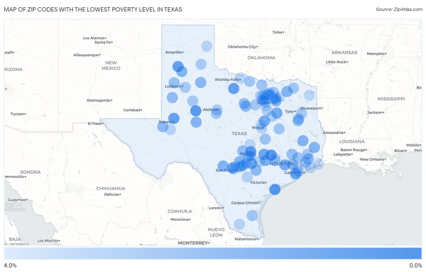 Zip Codes with the Lowest Poverty Level in Texas Map