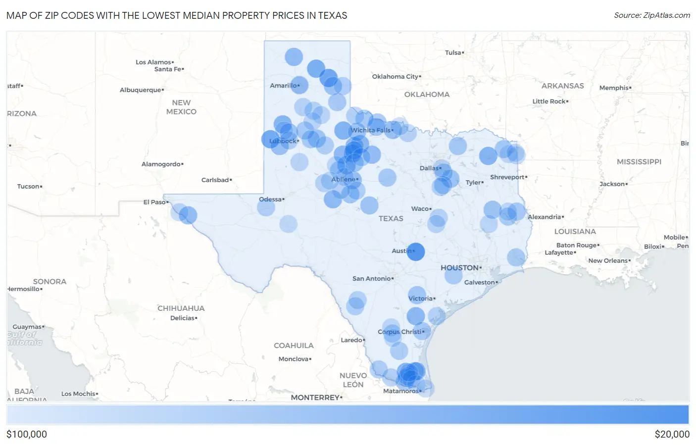 Zip Codes with the Lowest Median Property Prices in Texas Map