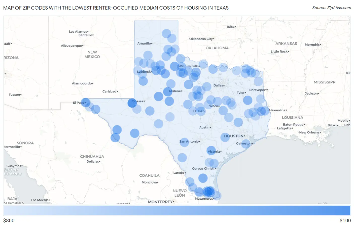 Zip Codes with the Lowest Renter-Occupied Median Costs of Housing in Texas Map