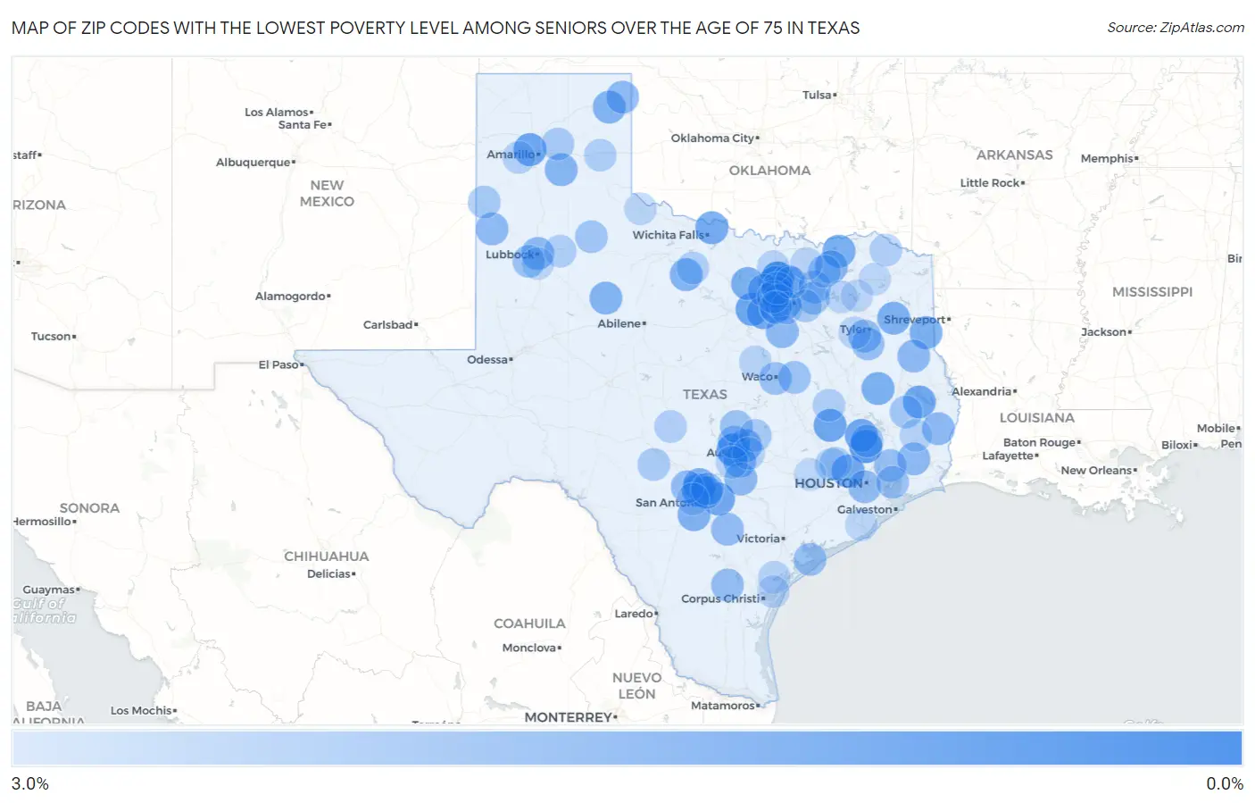 Zip Codes with the Lowest Poverty Level Among Seniors Over the Age of 75 in Texas Map